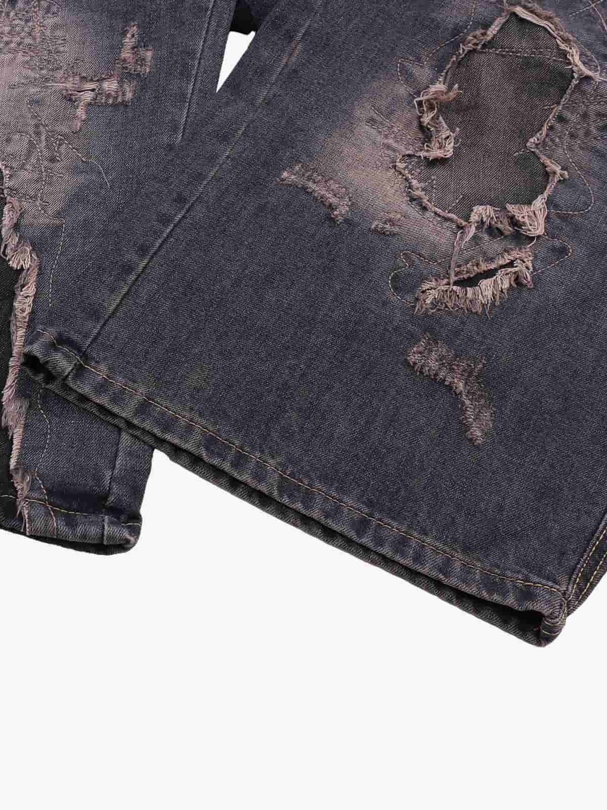 Vintage Washed Patchwork Distressed Barrel Jeans-Fineriform