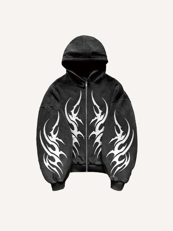 Graphic Print Zip Up Hooded Coat-Fineriform