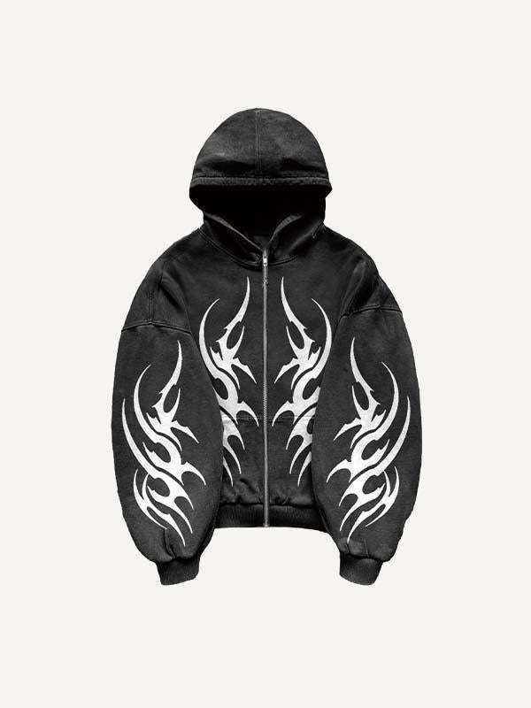 Graphic Print Zip Up Hooded Coat-Fineriform