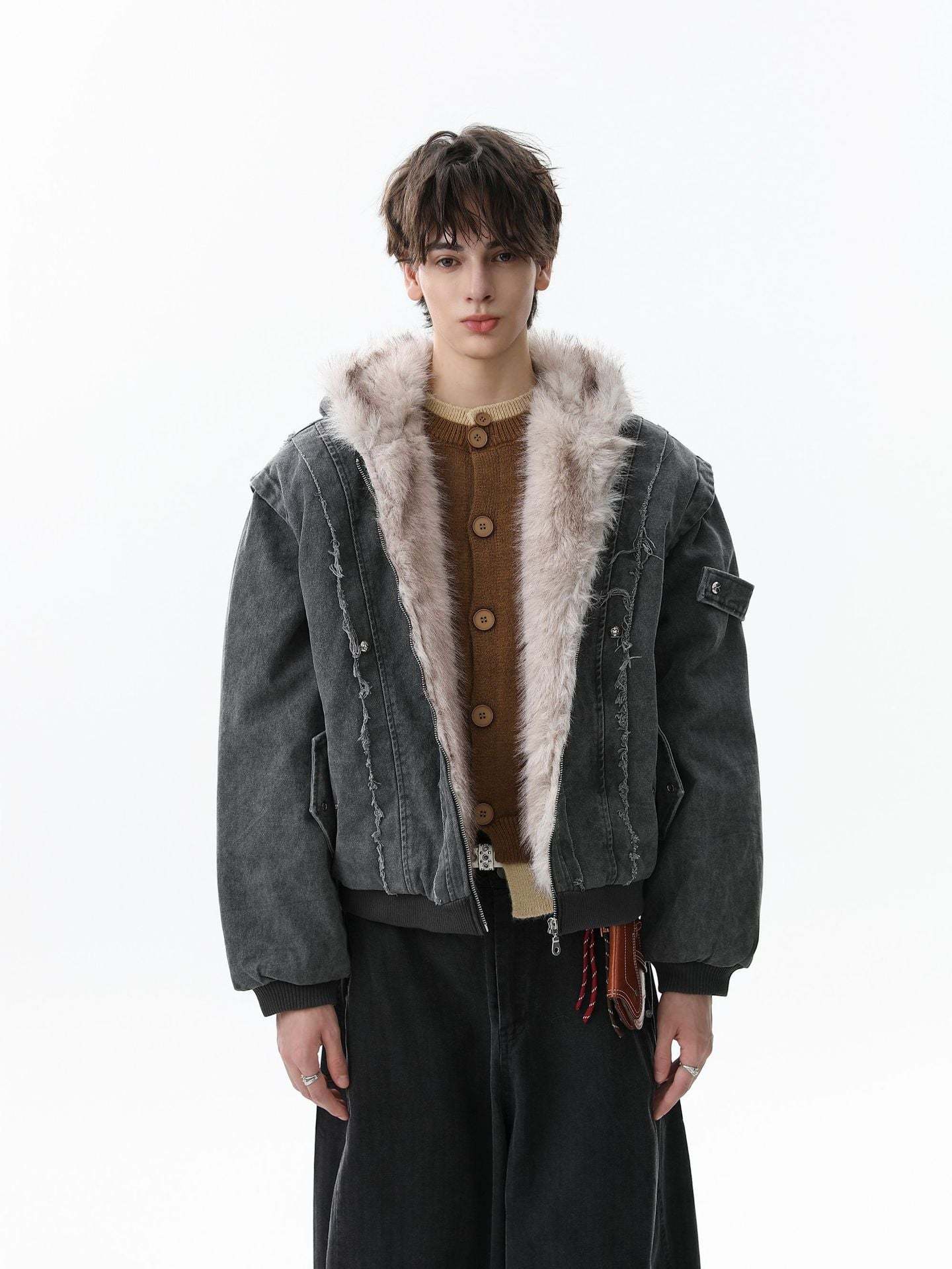 Retro Washed Fleece-lined Hooded Work Jacket-Fineriform