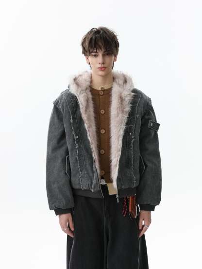 Retro Washed Fleece-lined Hooded Work Jacket-Fineriform