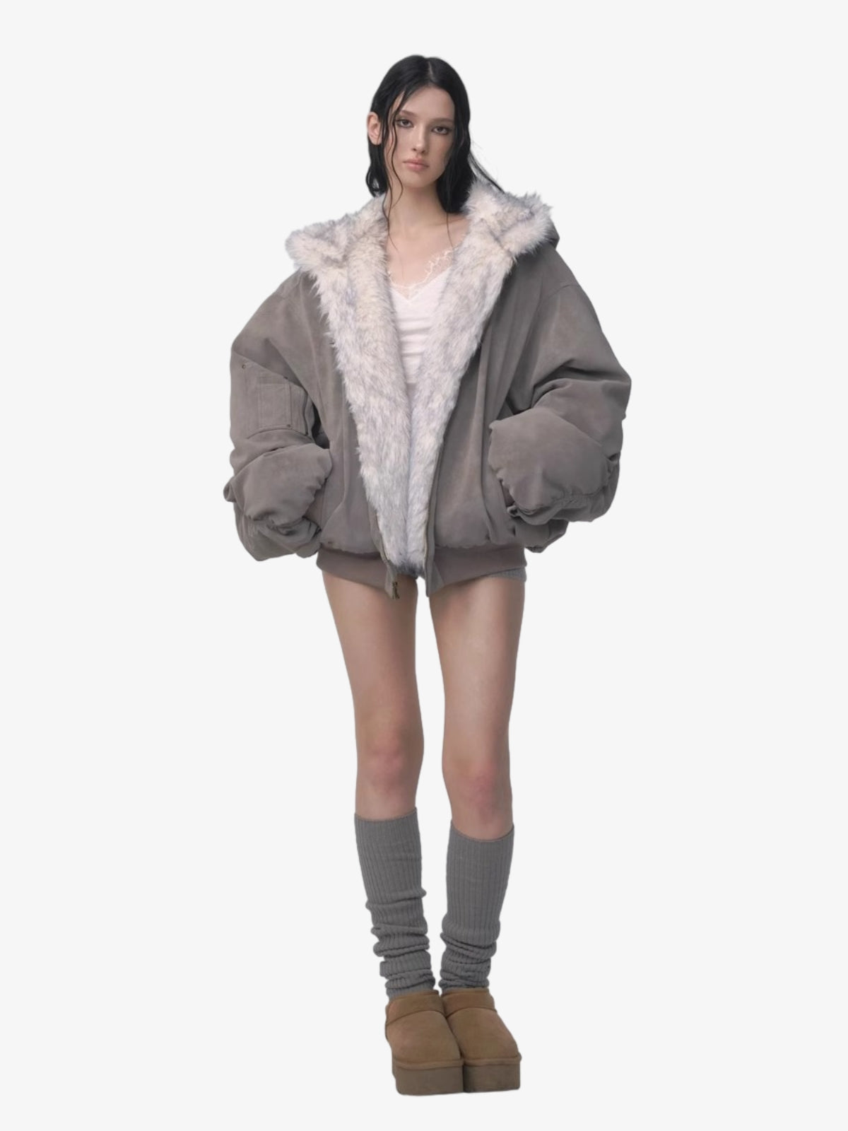 Oversized Reversible Fur Hooded Jacket - 2544-Fineriform
