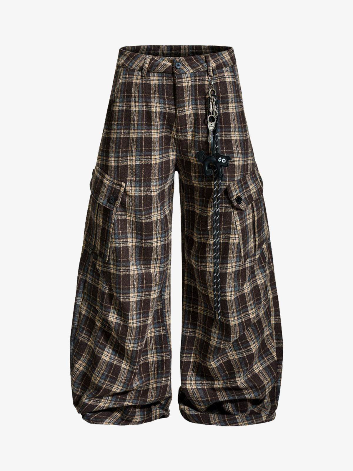 Vintage Plaid Pleated Multi-Pocket Cargo Casual Pants - 2524-Fineriform