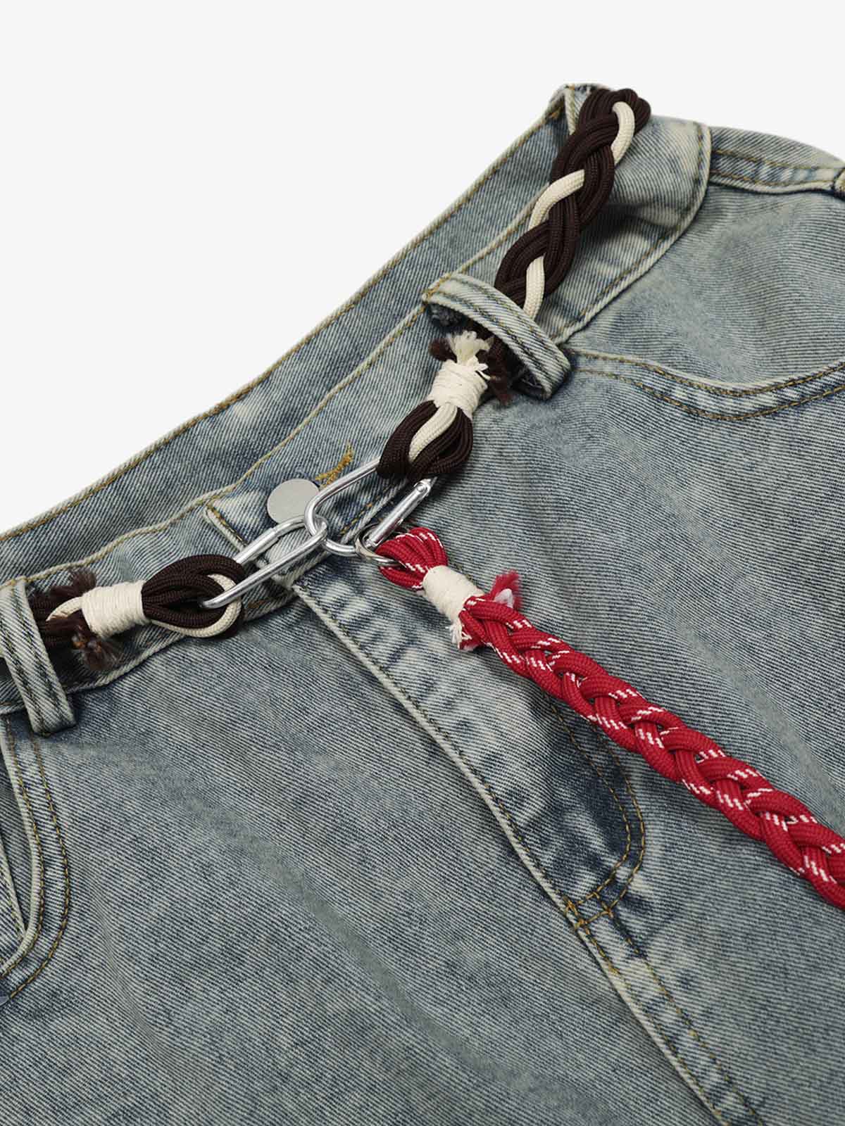 Denim Retro Belt Detail With Patchwork Barrel Jeans - 2490-Fineriform
