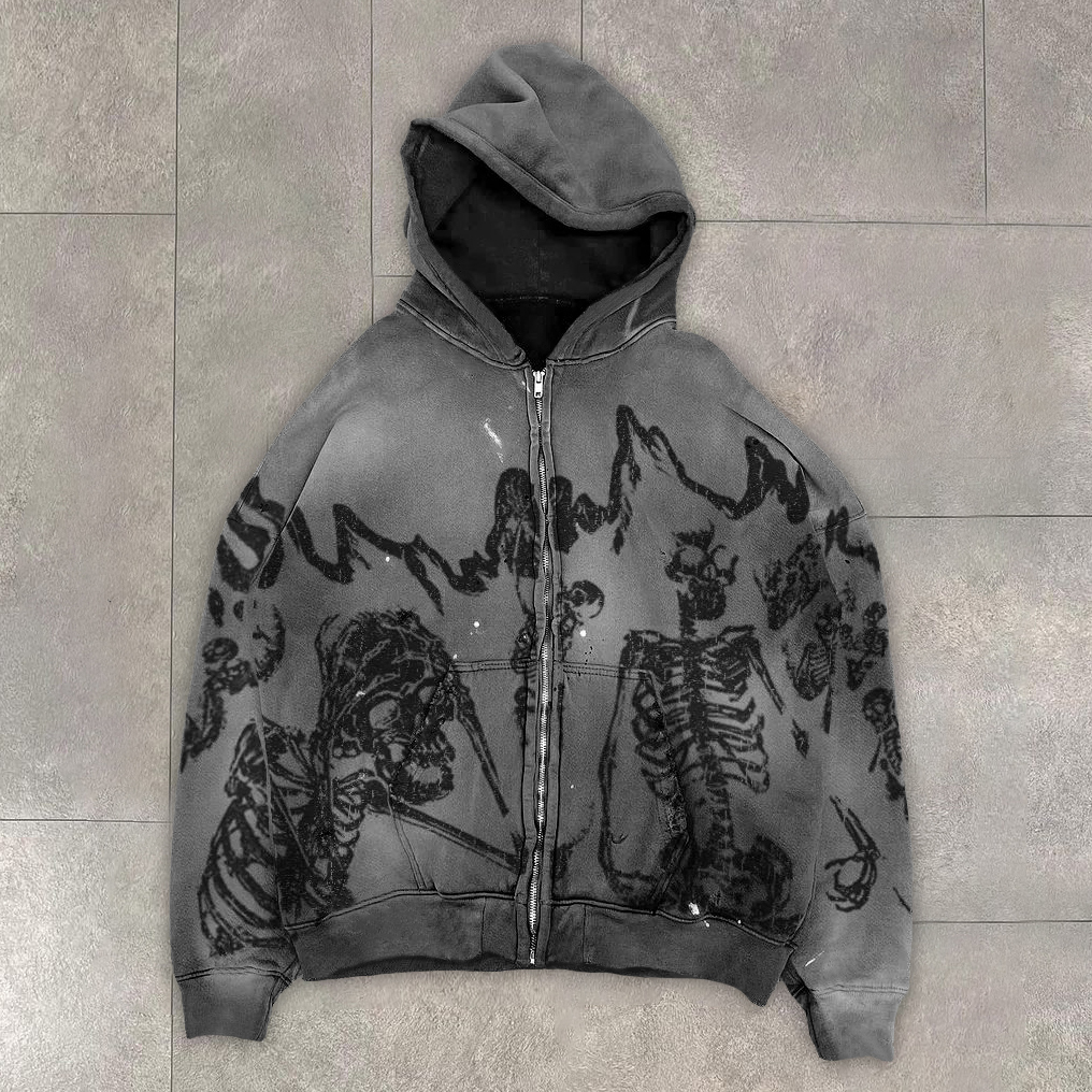 Retro Hip Hop Skull Zip Hoodie-Fineriform