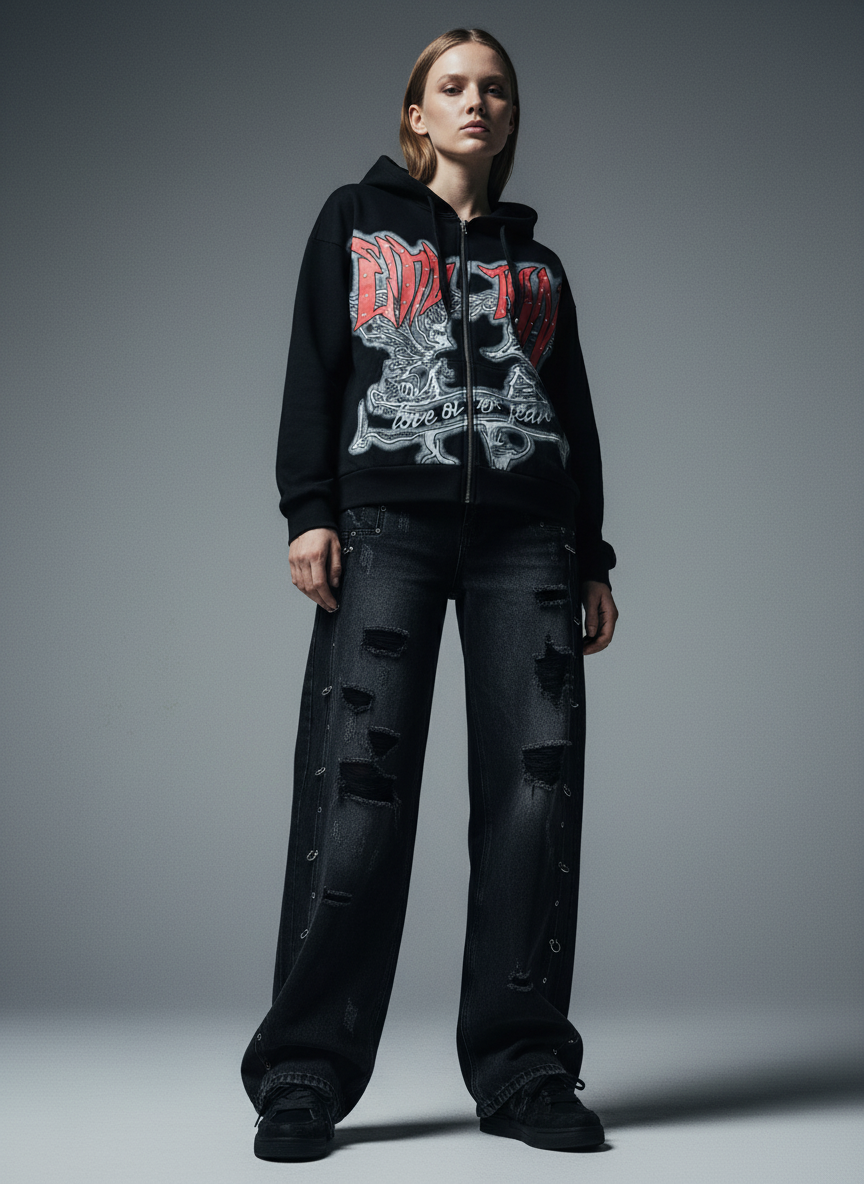 Vintage Washed Distressed Metal Ring Baggy Jeans-Fineriform