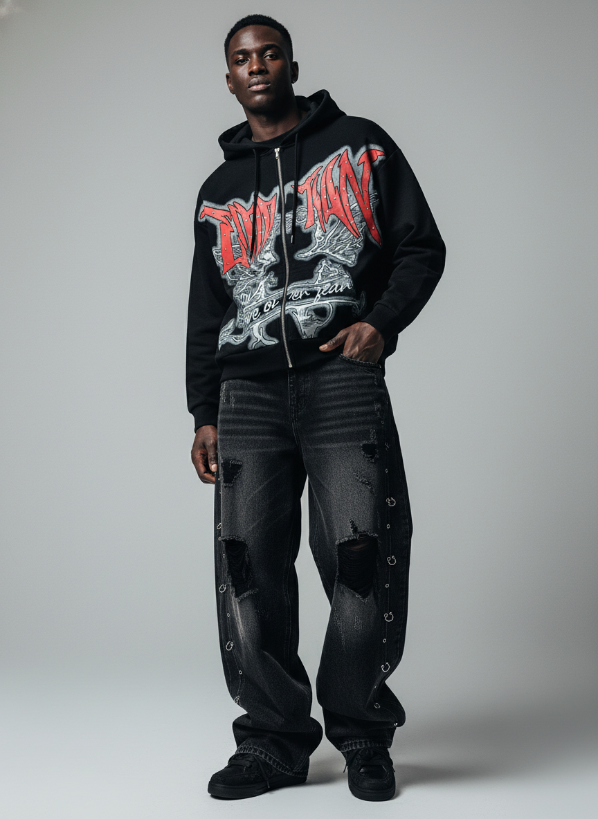 Vintage Washed Distressed Metal Ring Baggy Jeans-Fineriform