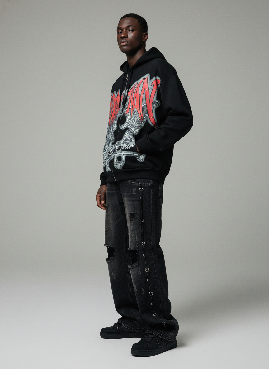 Vintage Washed Distressed Metal Ring Baggy Jeans-Fineriform