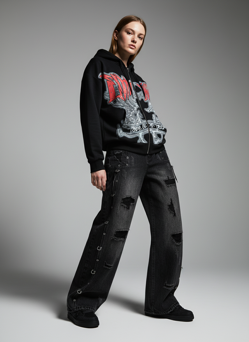 Vintage Washed Distressed Metal Ring Baggy Jeans-Fineriform