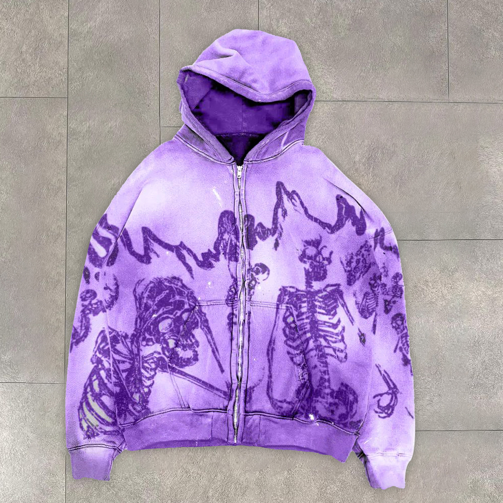 Retro Hip Hop Skull Zip Hoodie-Fineriform