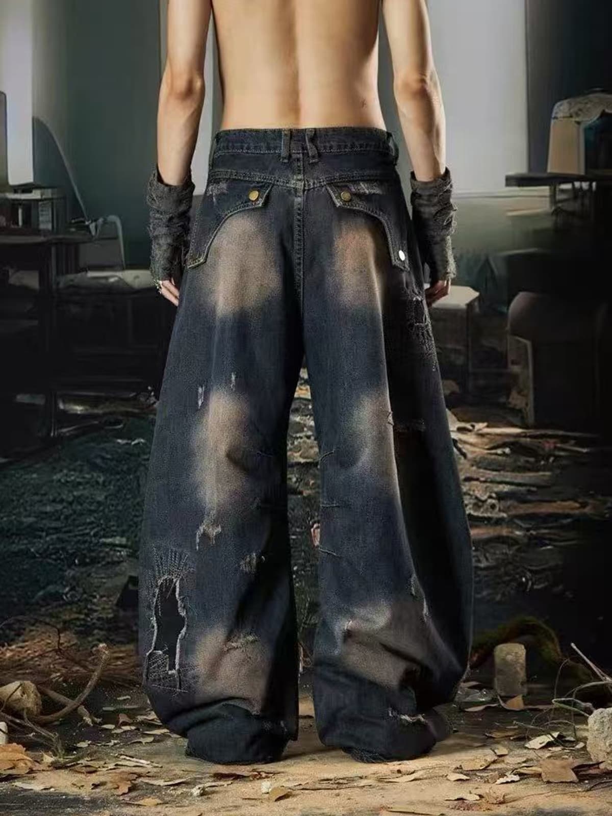 Vintage Washed Patchwork Distressed Barrel Jeans-Fineriform