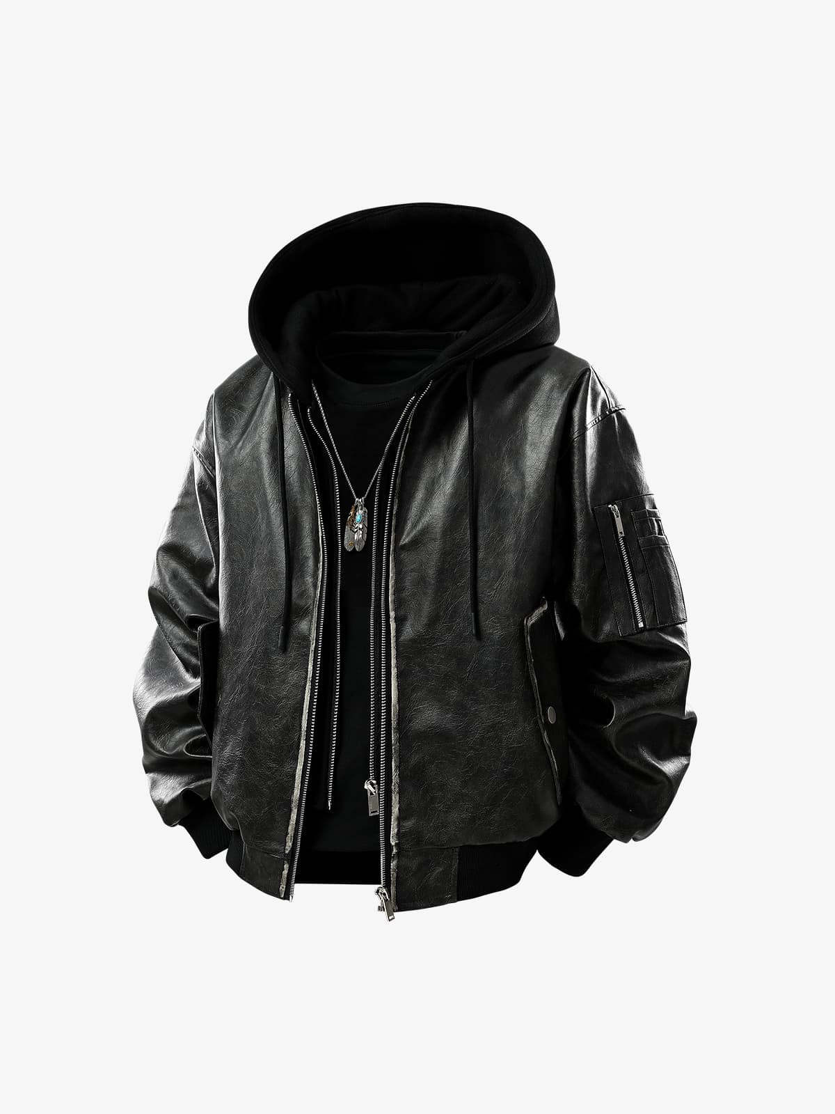 Retro Distressed Washed PU Leather Cotton Jacket-Fineriform