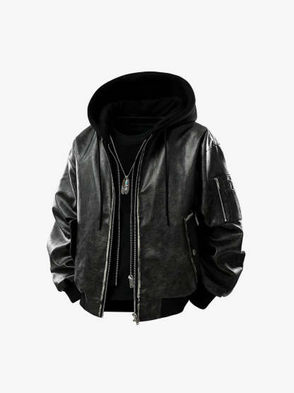 Retro Distressed Washed PU Leather Cotton Jacket-Fineriform