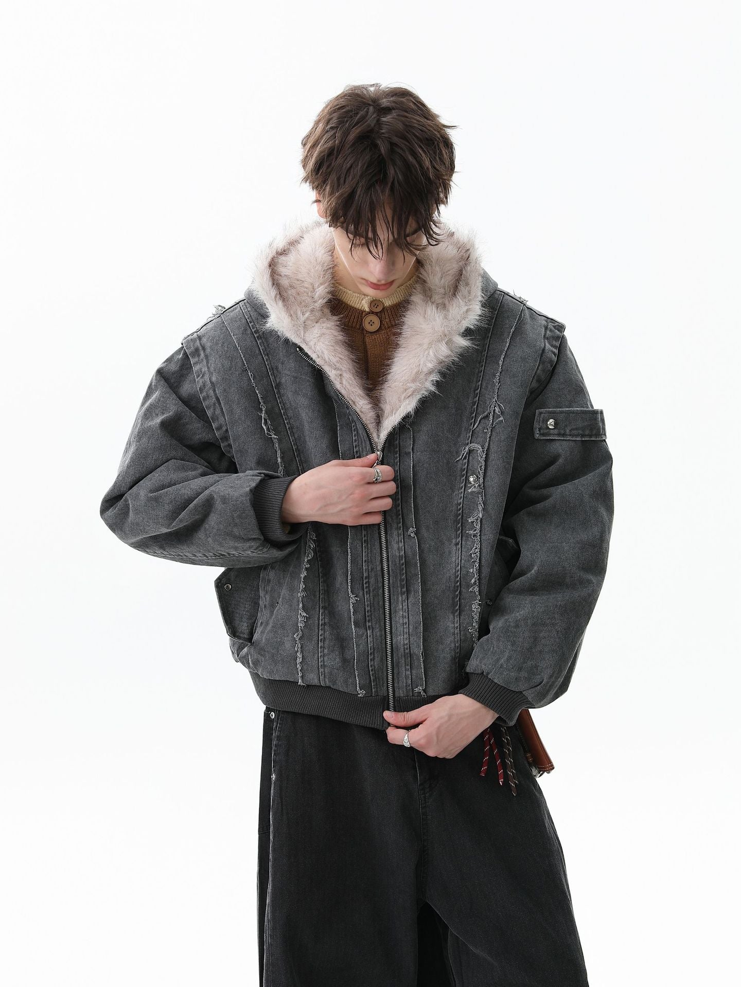 Retro Washed Fleece-lined Hooded Work Jacket-Fineriform