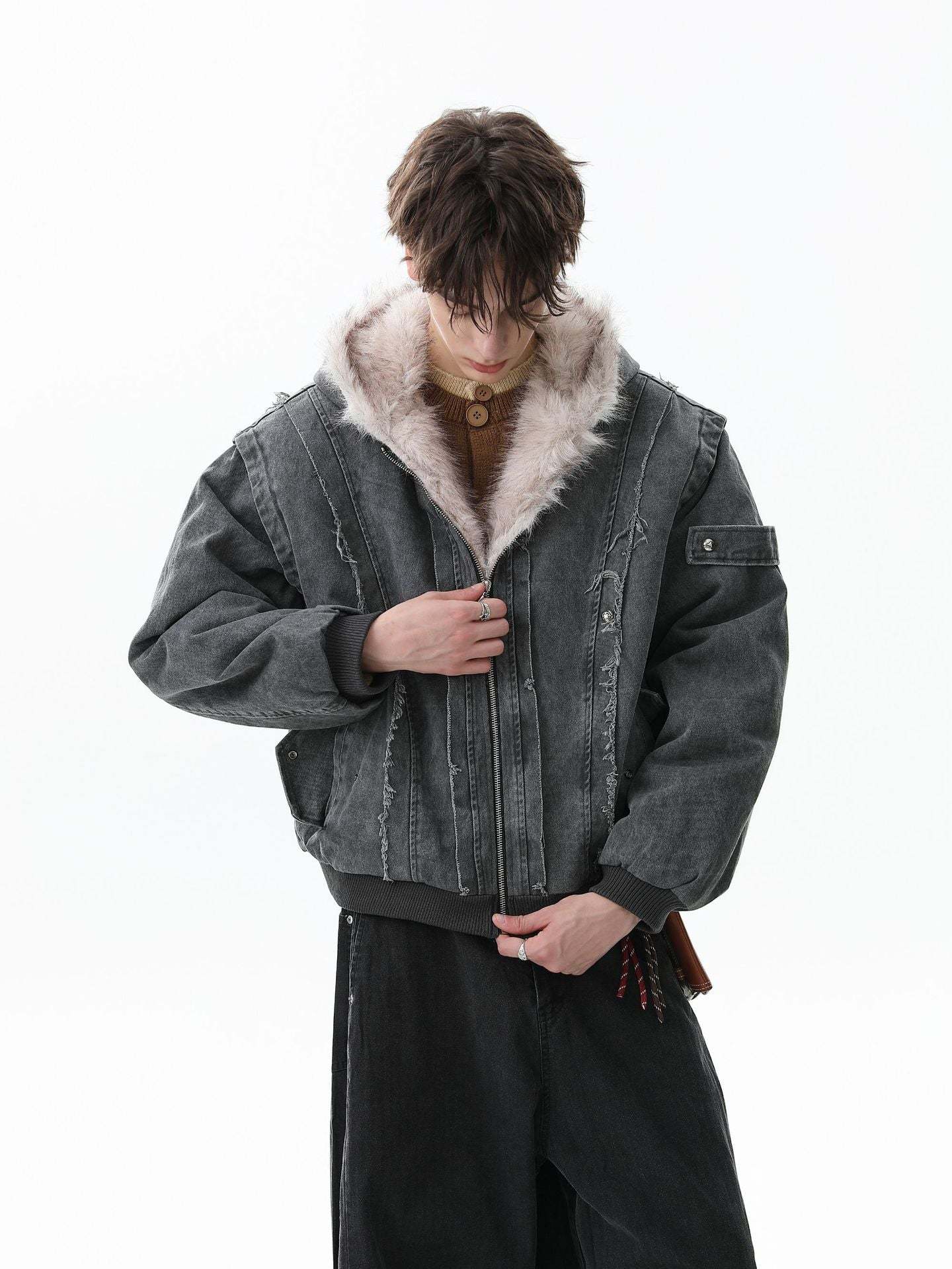 Retro Washed Fleece-lined Hooded Work Jacket-Fineriform