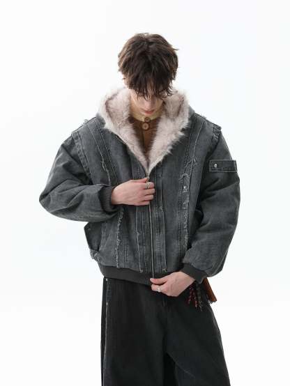 Retro Washed Fleece-lined Hooded Work Jacket-Fineriform