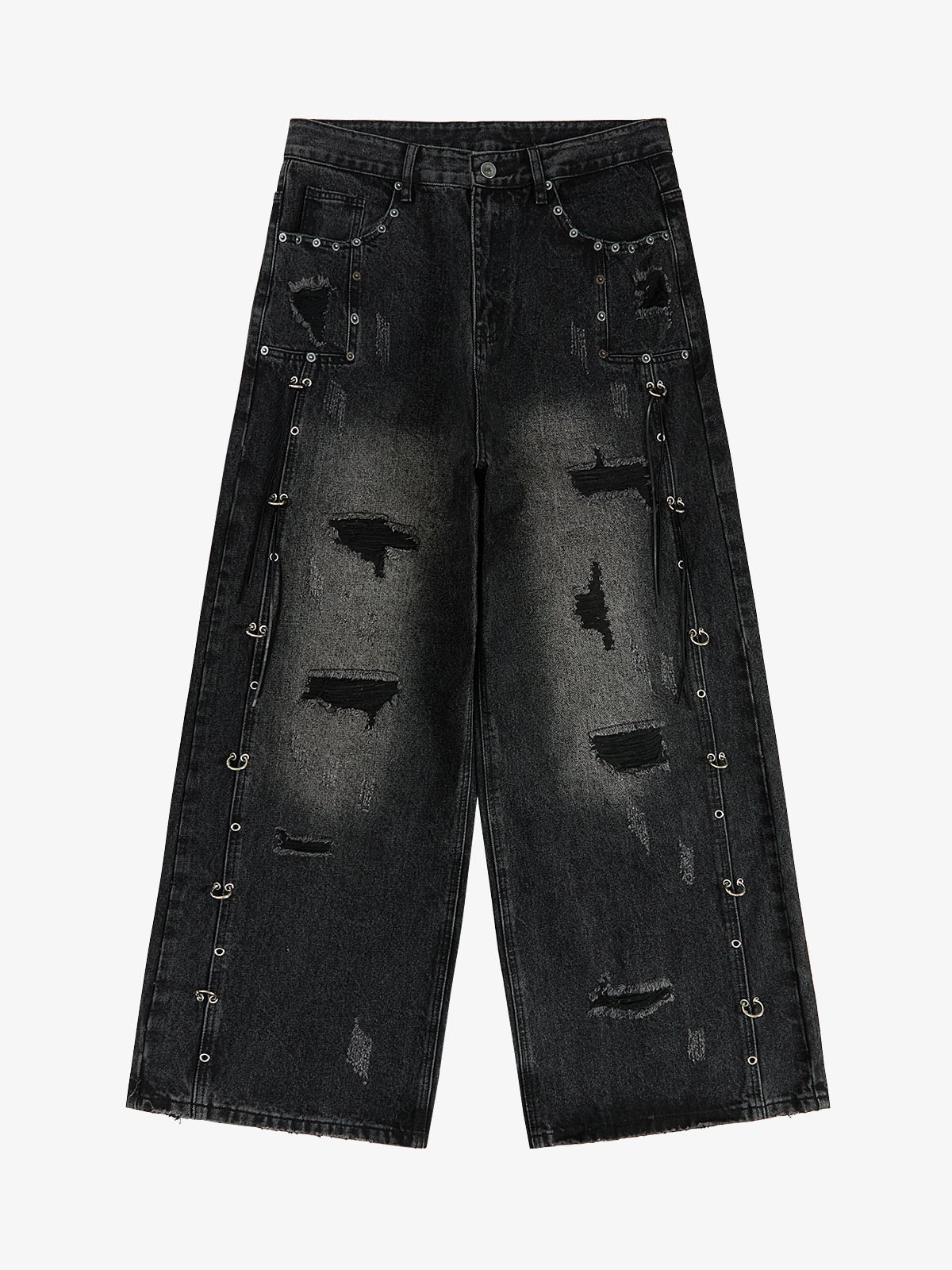 Vintage Washed Distressed Metal Ring Baggy Jeans-Fineriform