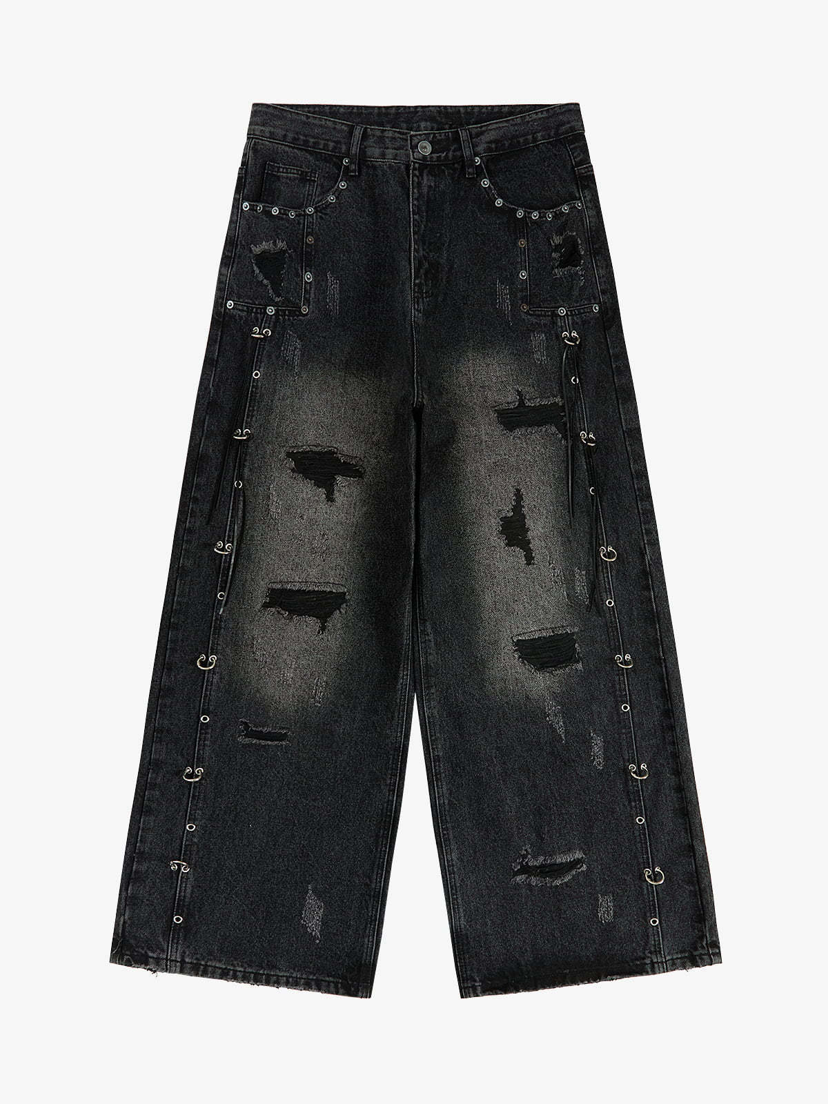 Vintage Washed Distressed Metal Ring Baggy Jeans-Fineriform
