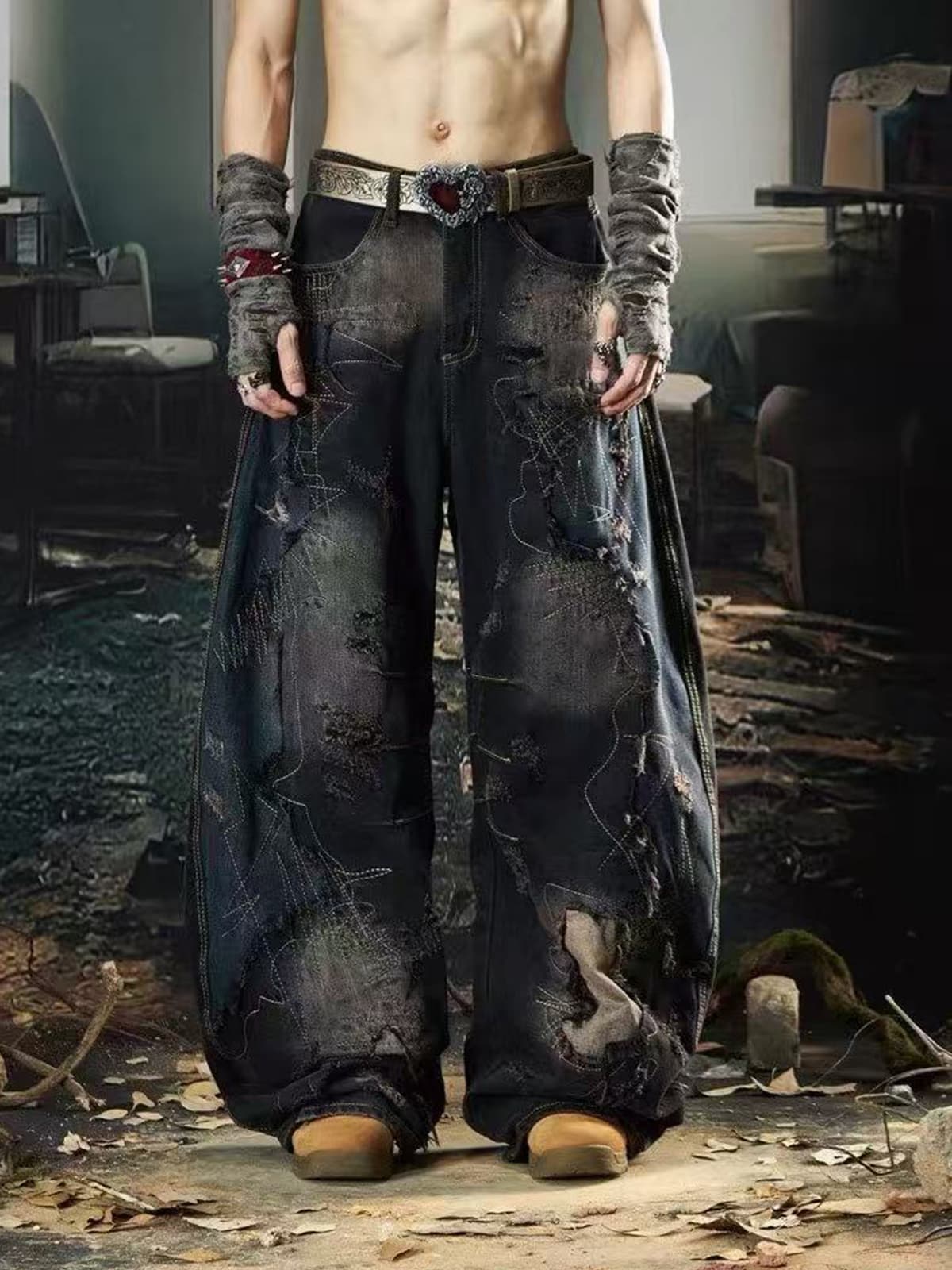 Vintage Washed Patchwork Distressed Barrel Jeans-Fineriform