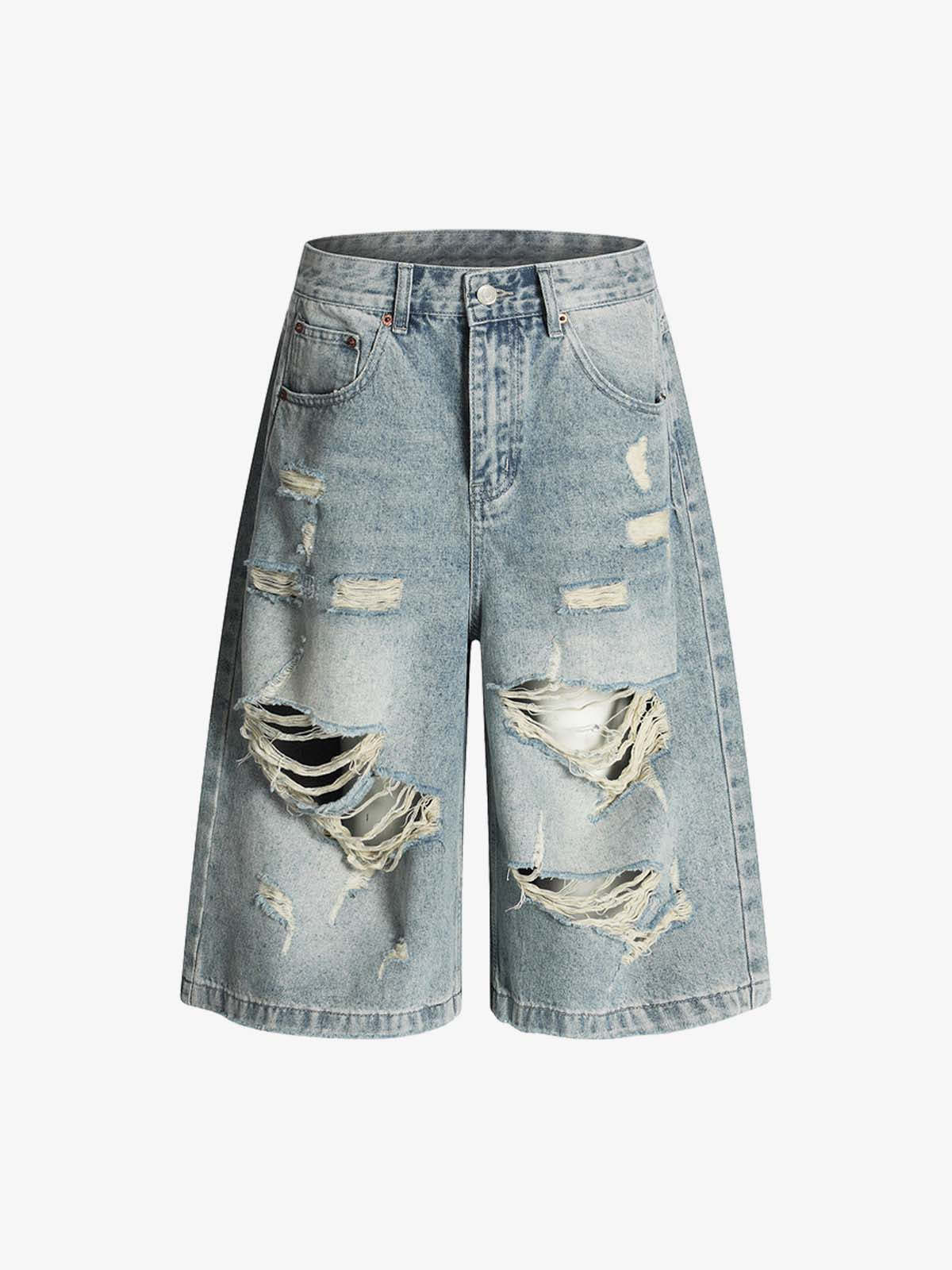 Distressed Washed Ripped Denim Jort-Fineriform