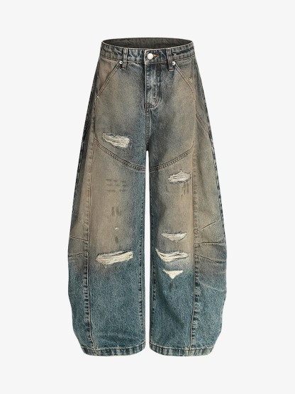 Vintage Mud-Dyed Distressed Barrel Jeans - 2537-Fineriform