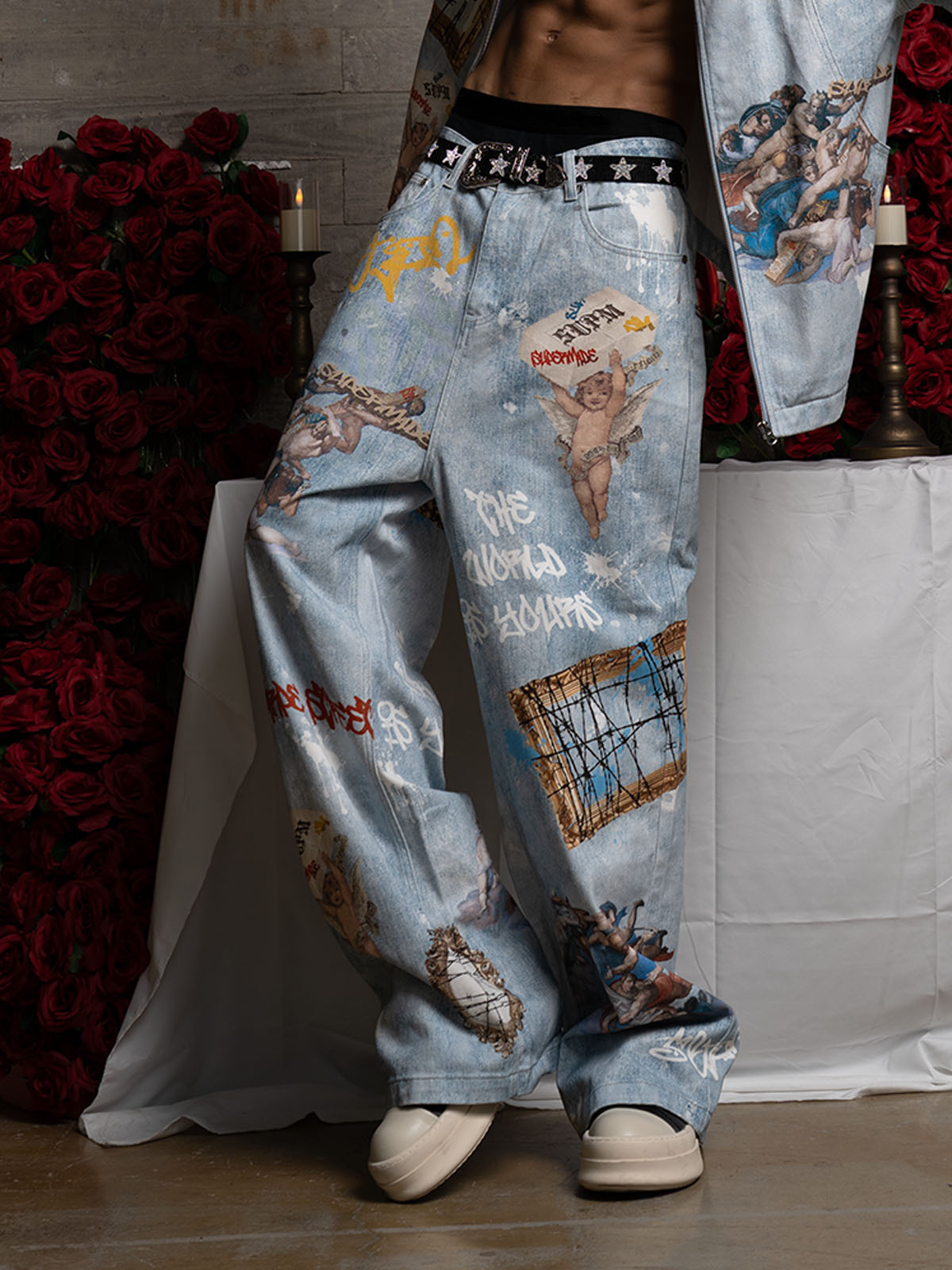 Retro Artistic Graffiti Angelic Prints Baggy Jeans-Fineriform