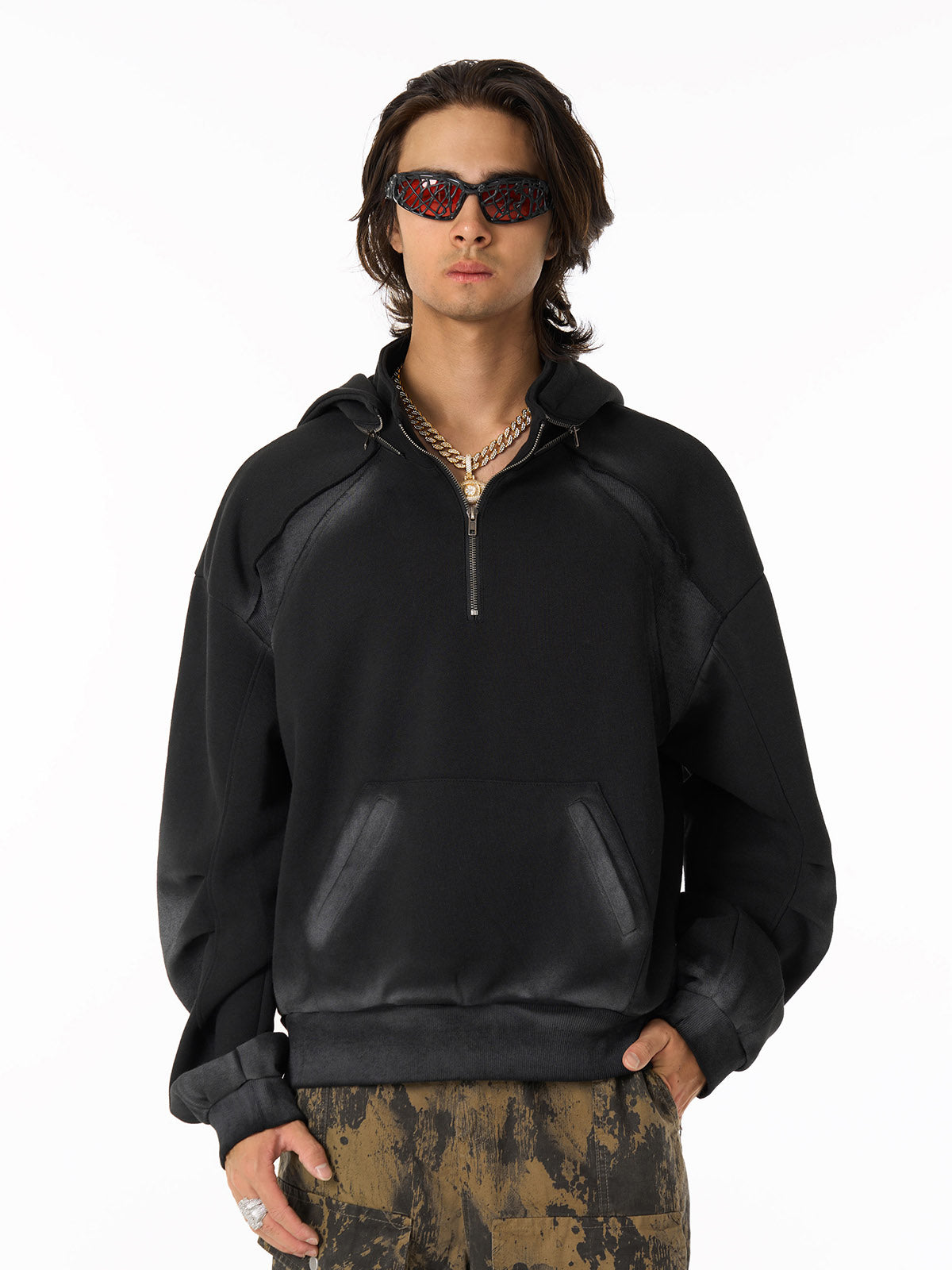 Distressed Stand Collar Stitching Spray Paint Quarter Zip Hoodie-Fineriform