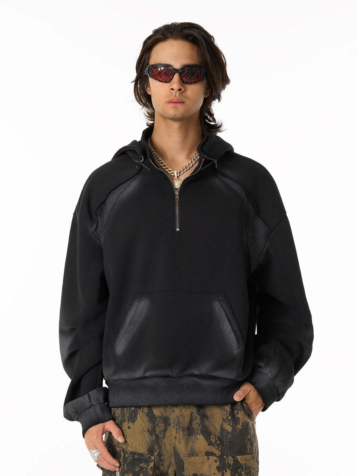 Distressed Stand Collar Stitching Spray Paint Quarter Zip Hoodie-Fineriform
