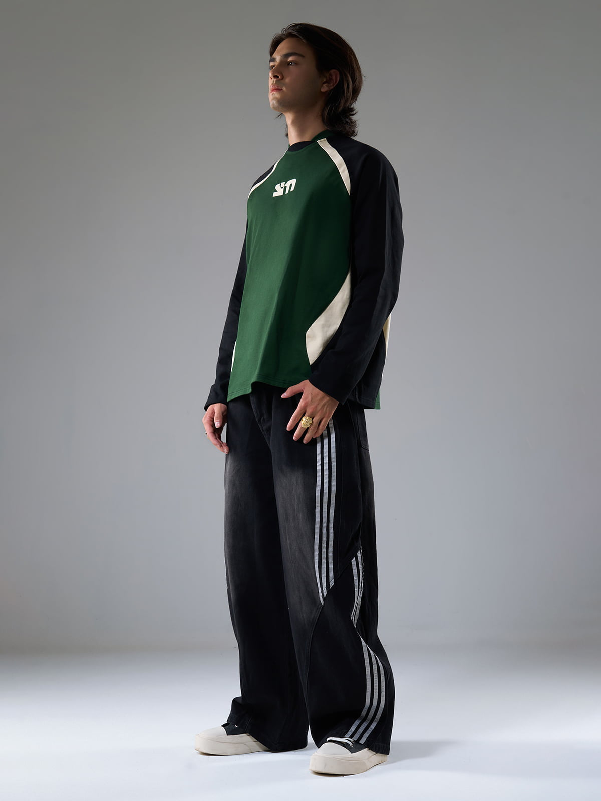 Denim Contrast Striped Stitching Barrel Jeans - 2504-Fineriform