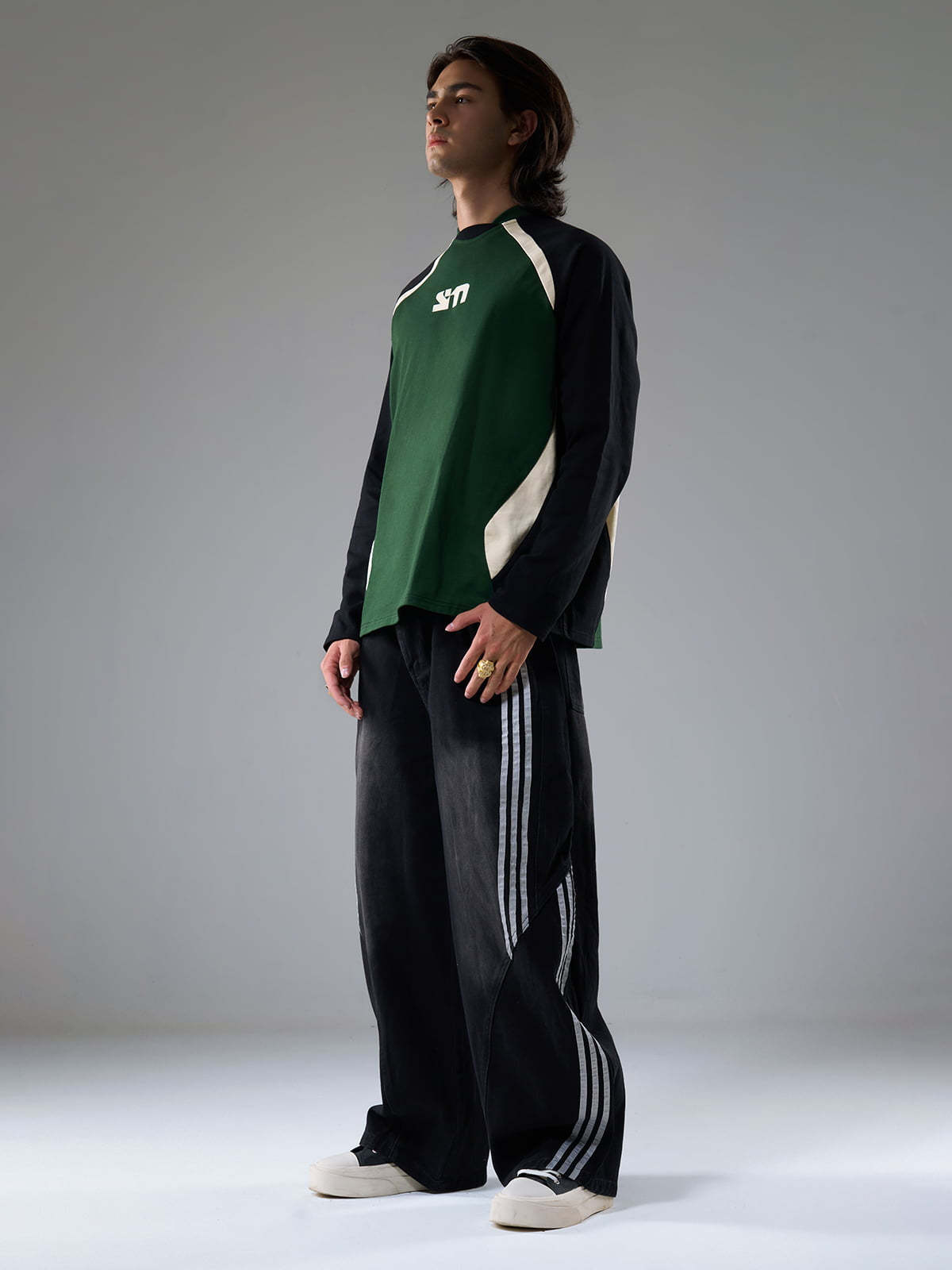 Denim Contrast Striped Stitching Barrel Jeans - 2504-Fineriform