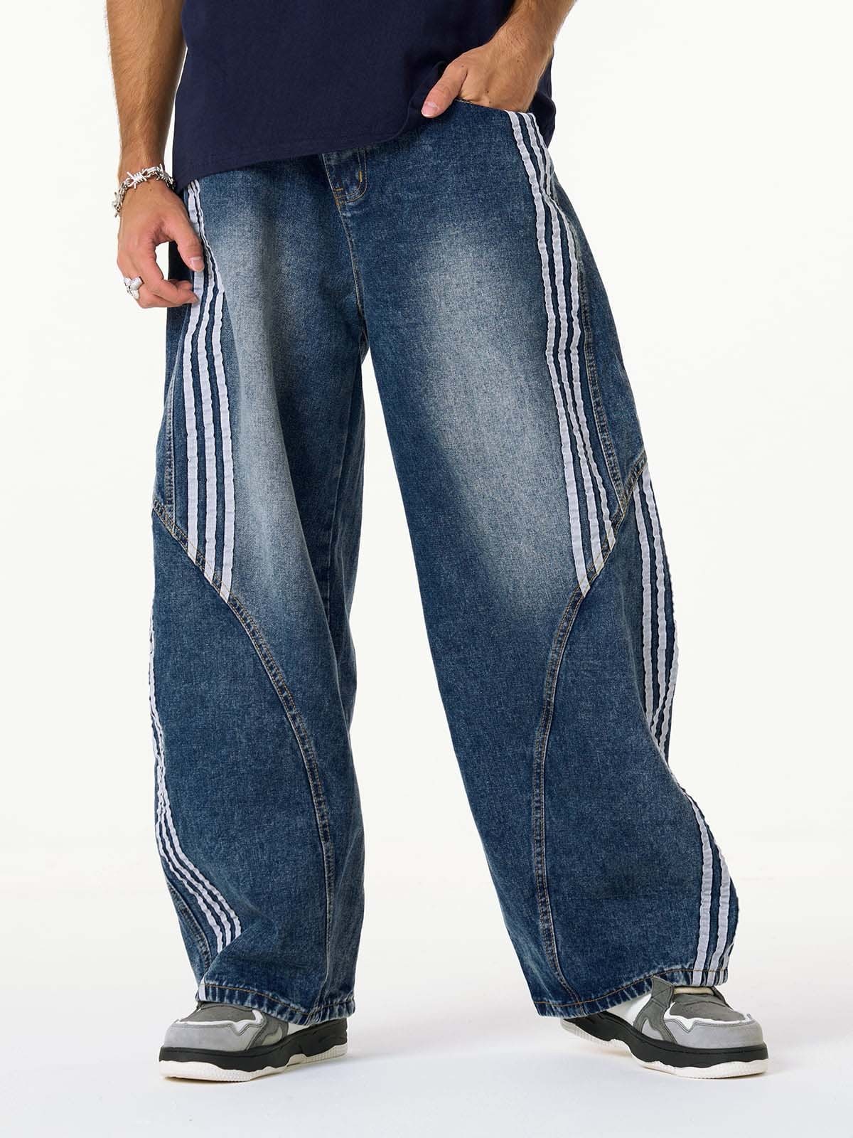 Denim Contrast Striped Stitching Barrel Jeans - 2504-Fineriform