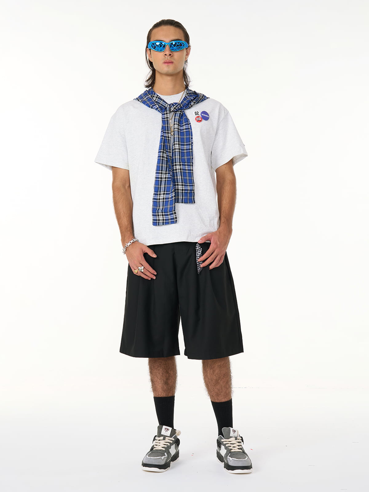 Jersey Knit Detachable Badge Hooded Plaid Cape T-Shirt-Fineriform