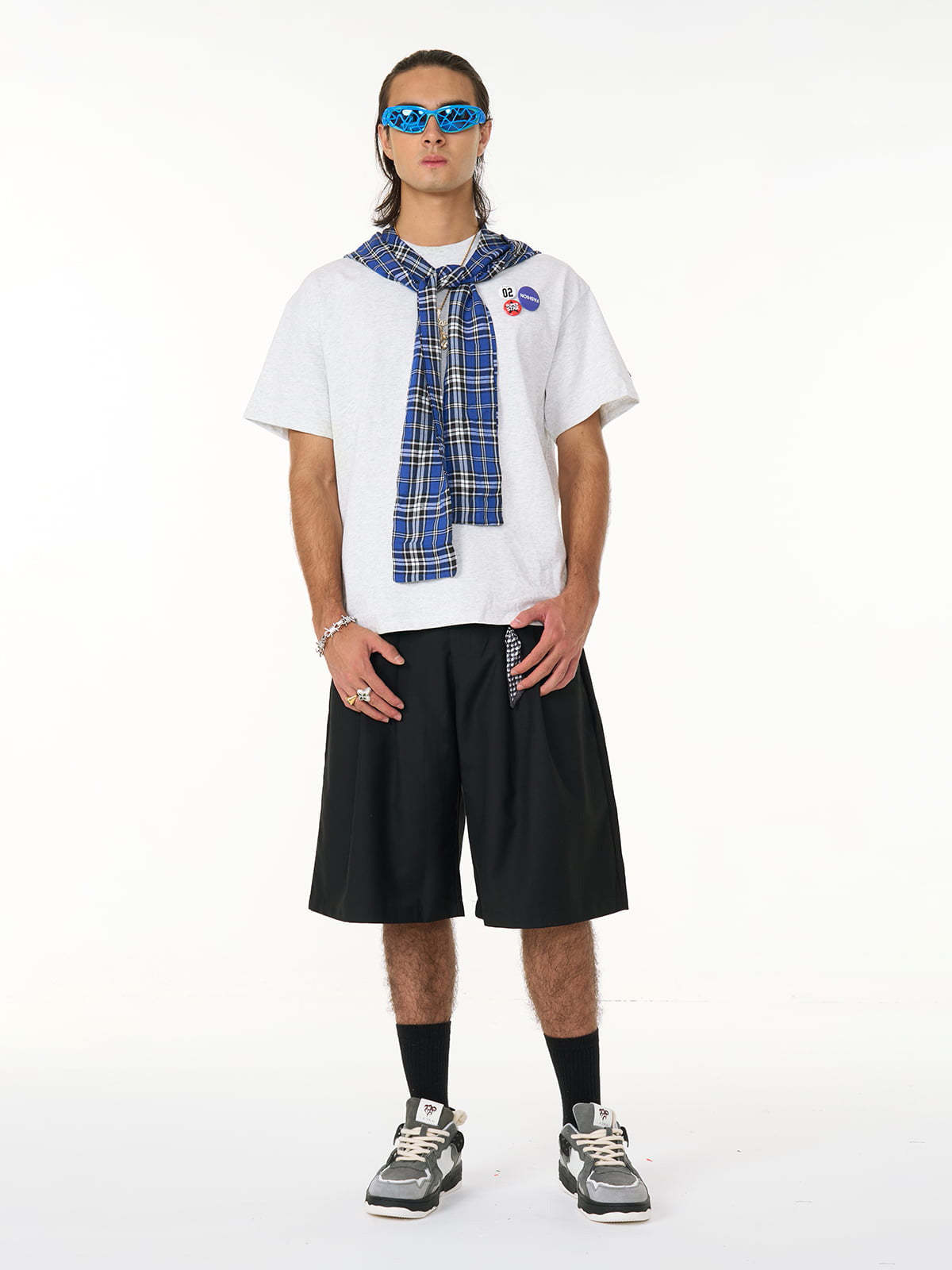 Jersey Knit Detachable Badge Hooded Plaid Cape T-Shirt-Fineriform