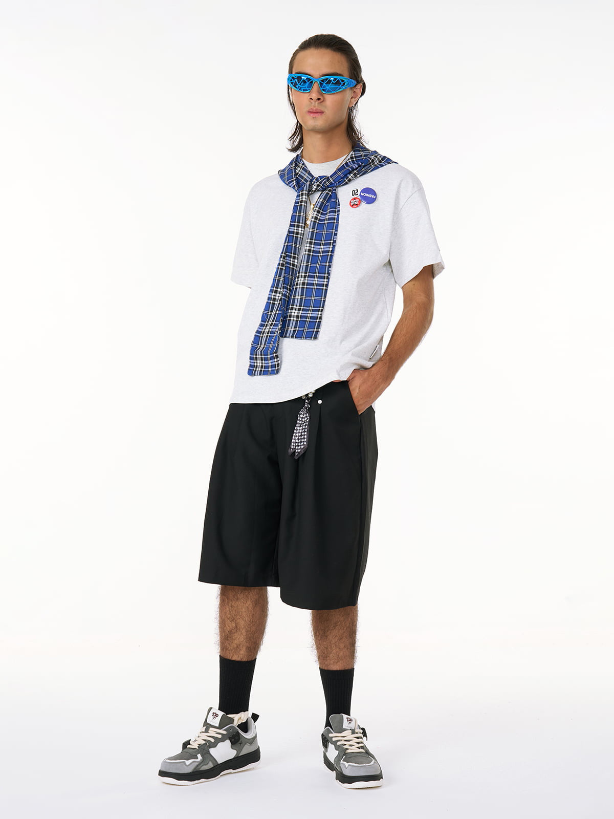 Jersey Knit Detachable Badge Hooded Plaid Cape T-Shirt-Fineriform