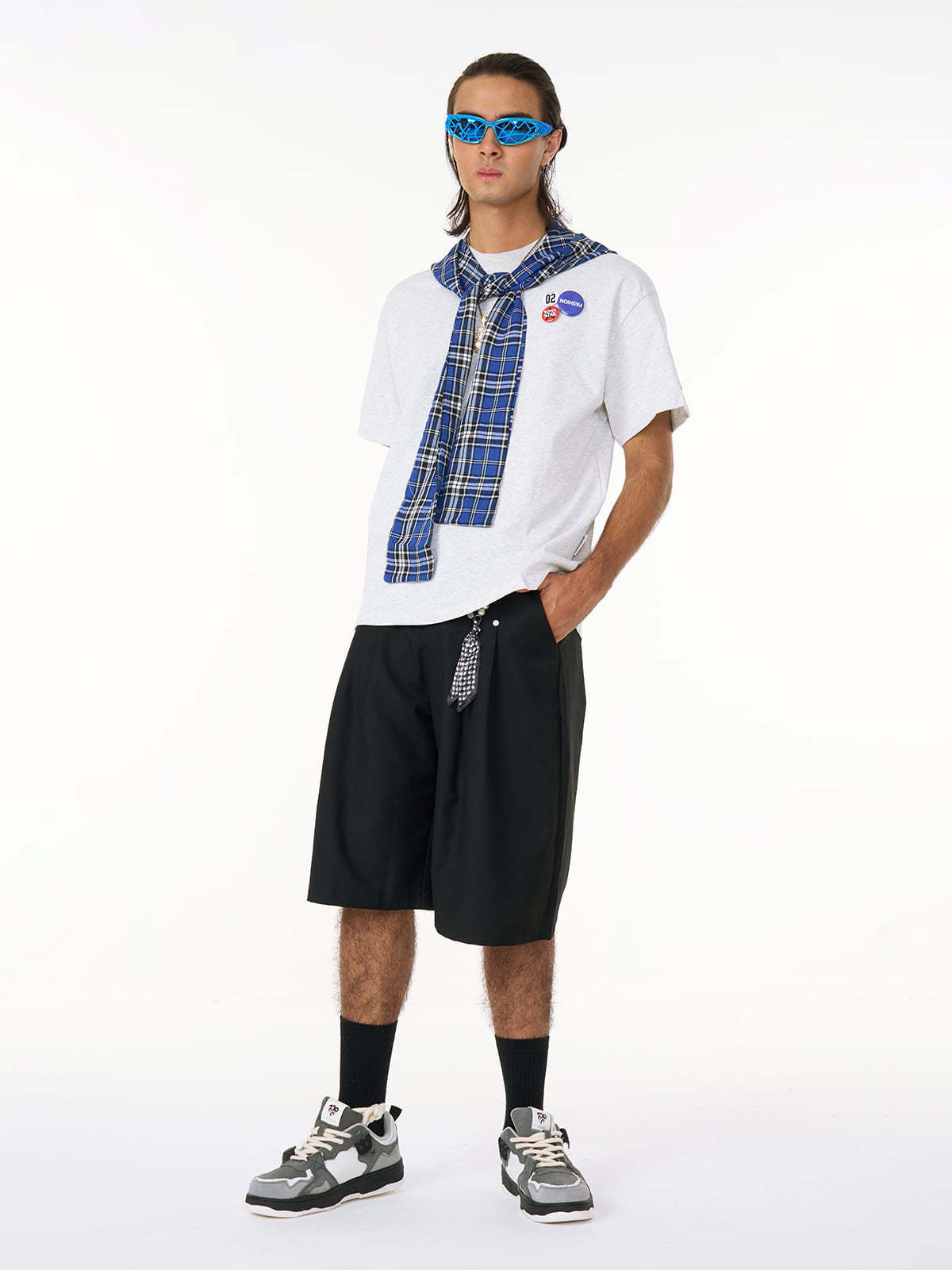 Jersey Knit Detachable Badge Hooded Plaid Cape T-Shirt-Fineriform