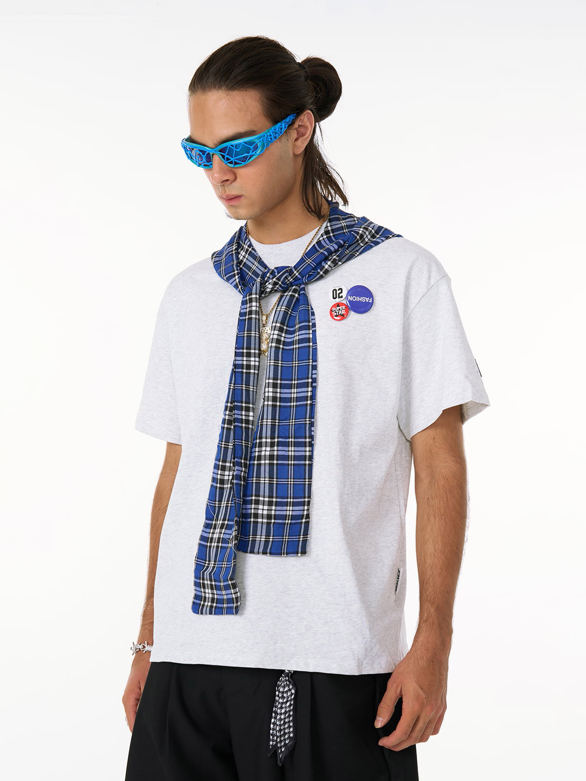 Jersey Knit Detachable Badge Hooded Plaid Cape T-Shirt-Fineriform