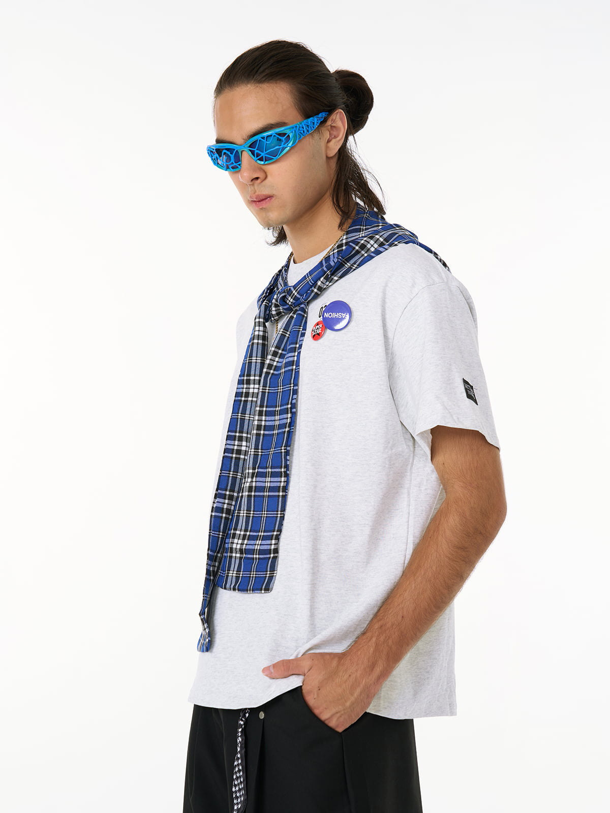 Jersey Knit Detachable Badge Hooded Plaid Cape T-Shirt-Fineriform