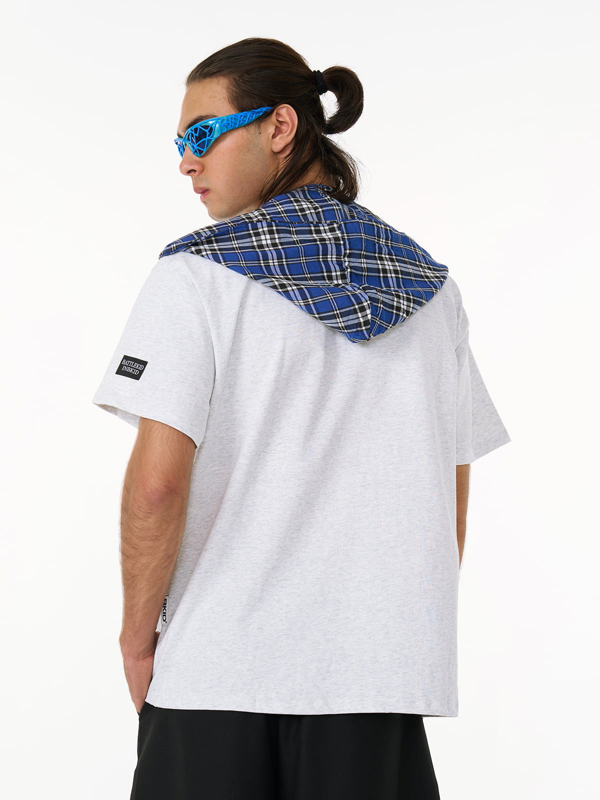 Jersey Knit Detachable Badge Hooded Plaid Cape T-Shirt-Fineriform