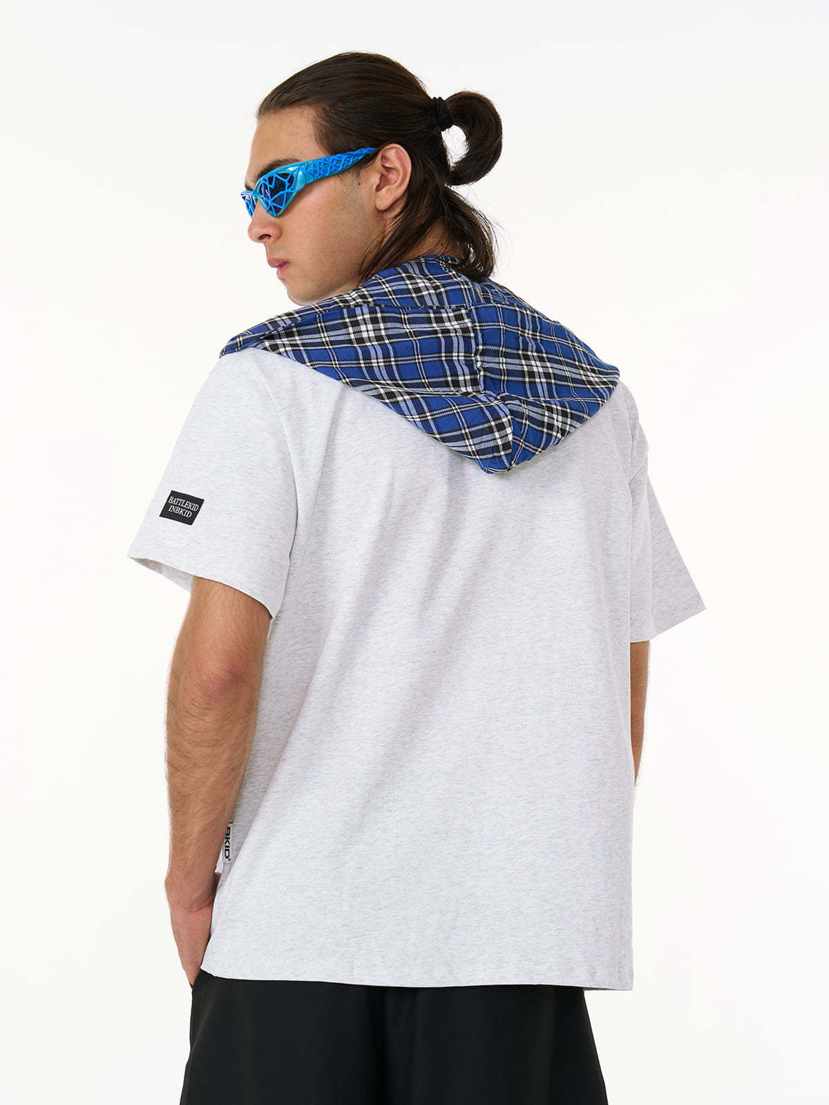 Jersey Knit Detachable Badge Hooded Plaid Cape T-Shirt-Fineriform