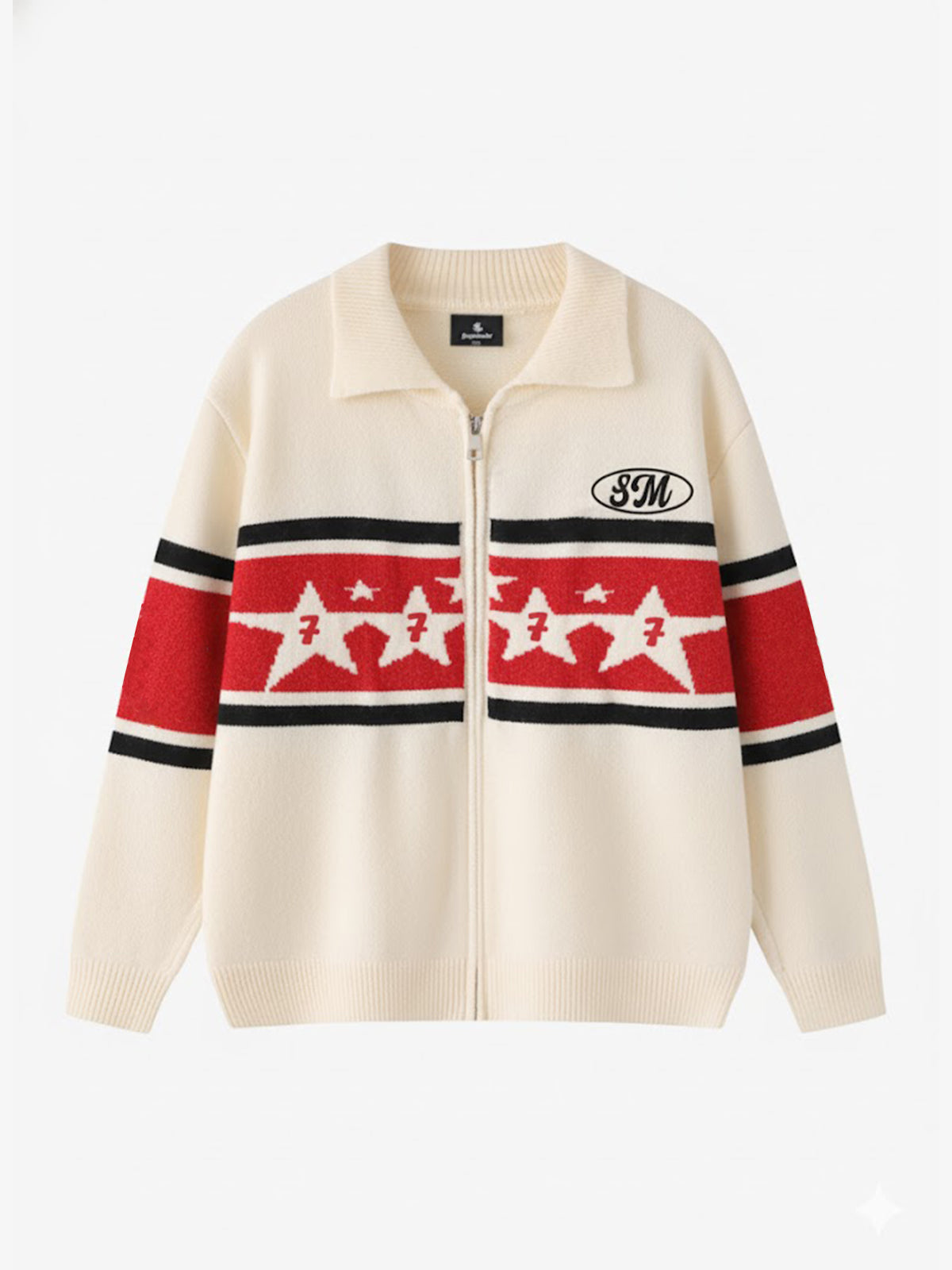 Retro Star Stripe Zip Up Cardigan Sweater-Fineriform