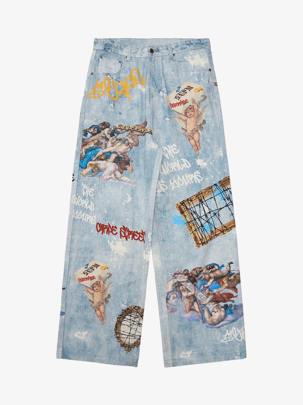 Retro Artistic Graffiti Angelic Prints Baggy Jeans-Fineriform