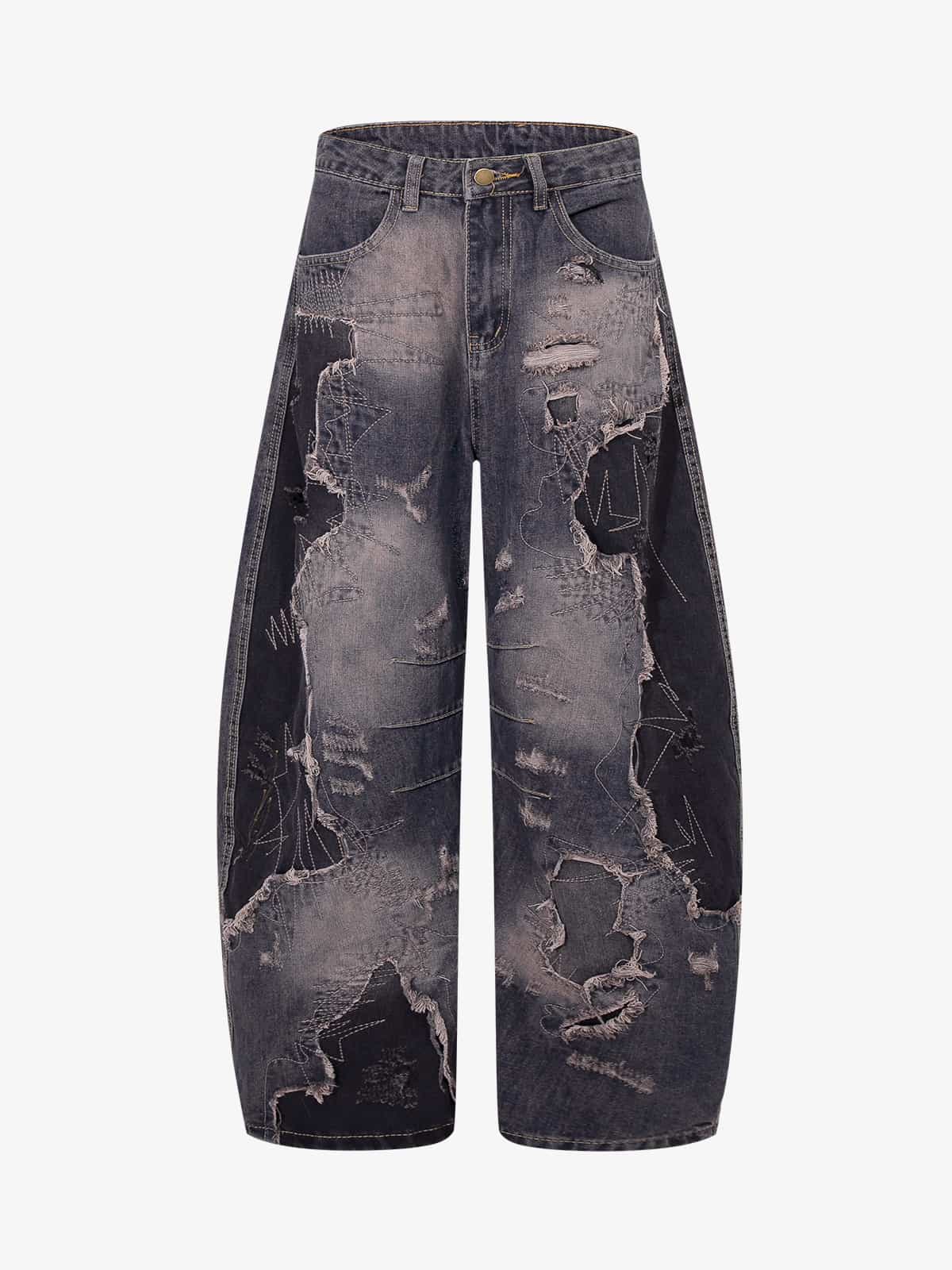 Vintage Washed Patchwork Distressed Barrel Jeans-Fineriform