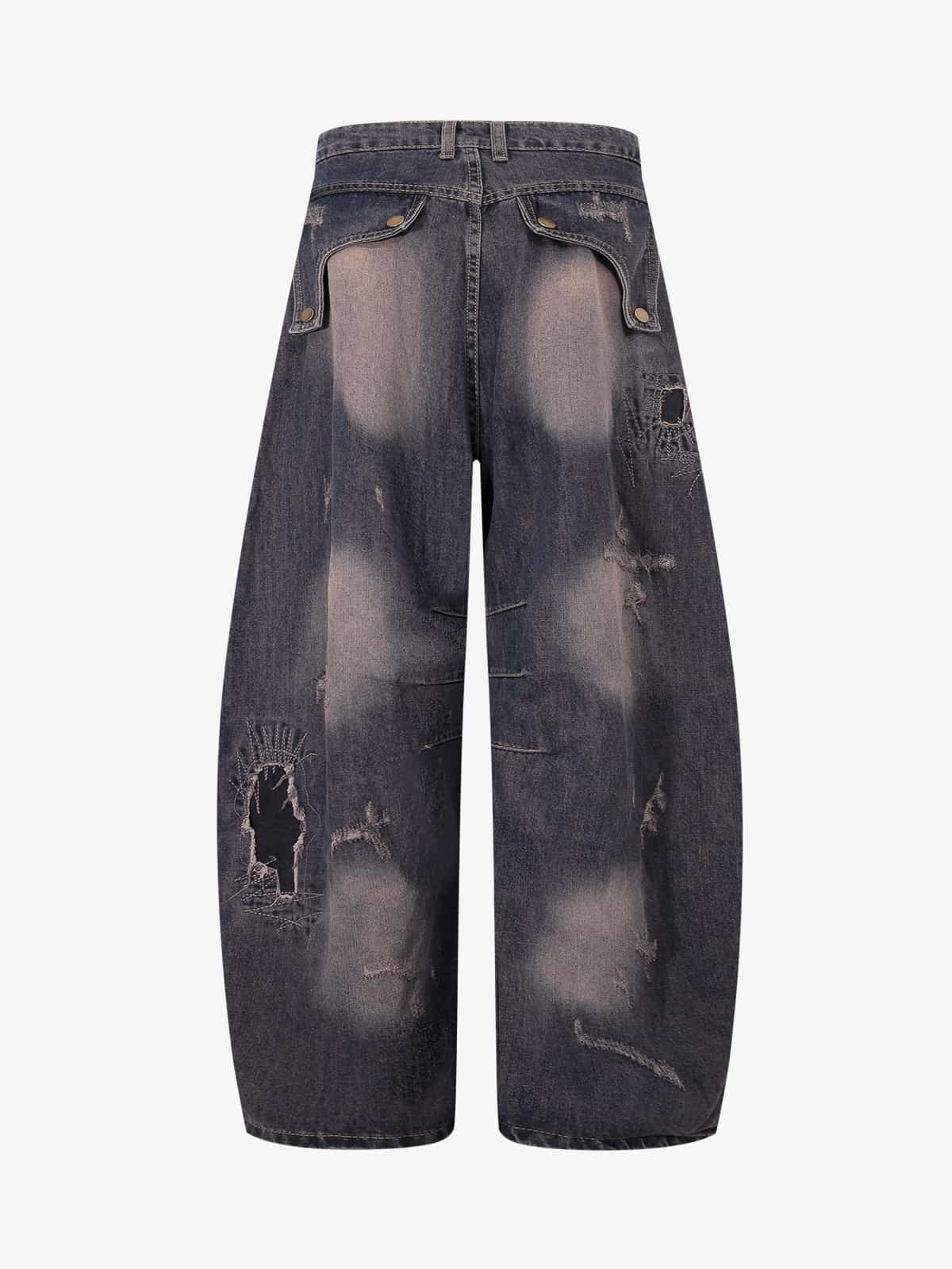 Vintage Washed Patchwork Distressed Barrel Jeans-Fineriform