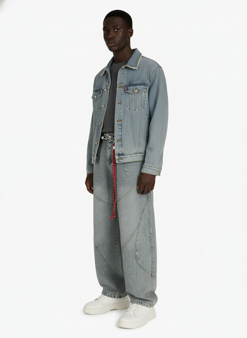 Denim Retro Belt Detail With Patchwork Barrel Jeans - 2490-Fineriform