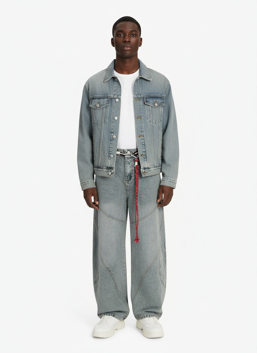 Denim Retro Belt Detail With Patchwork Barrel Jeans - 2490-Fineriform