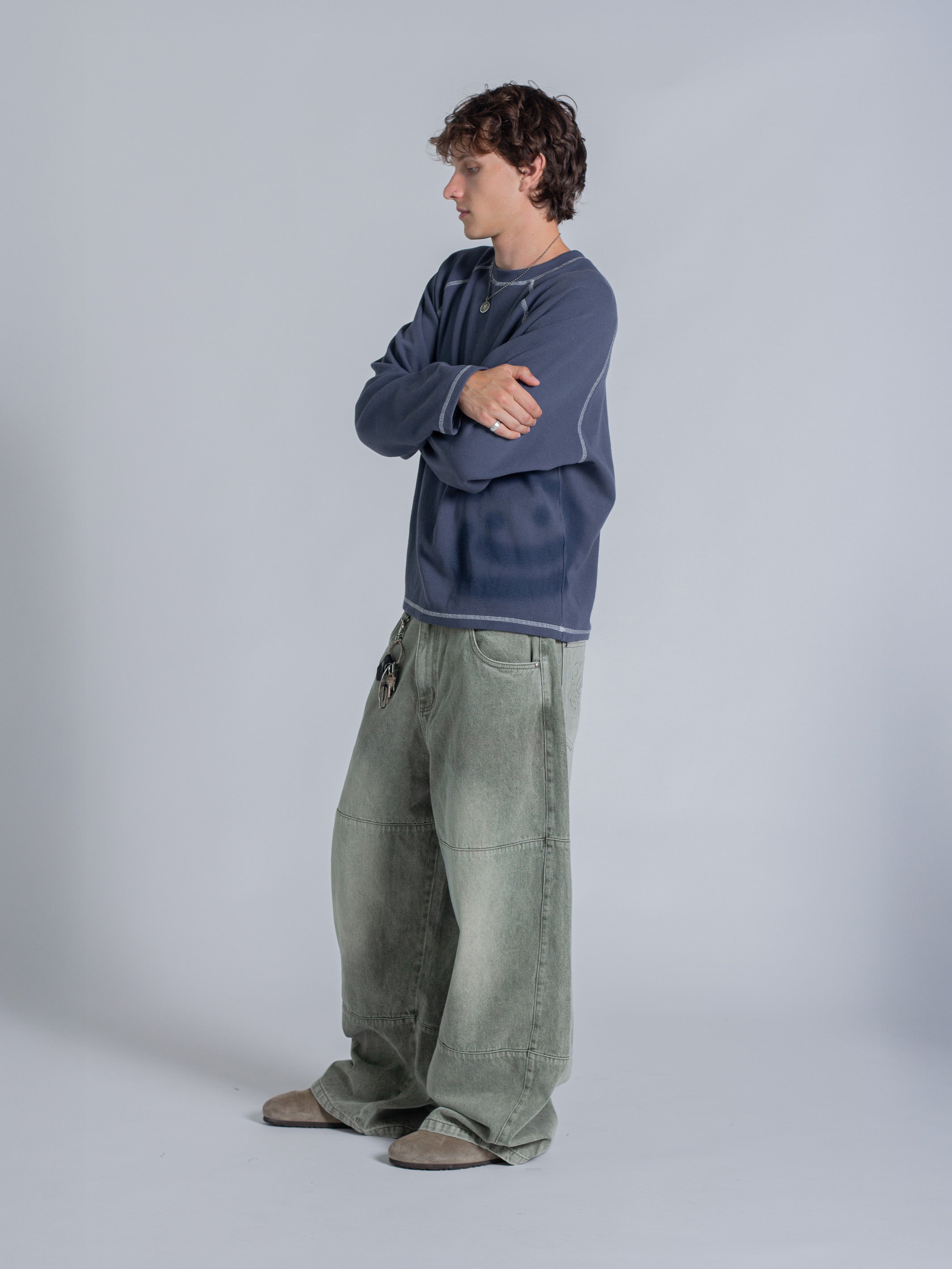 SMILEY WAFFLE LONG SLEEVE TEE - NAVY BLUE-Fineriform