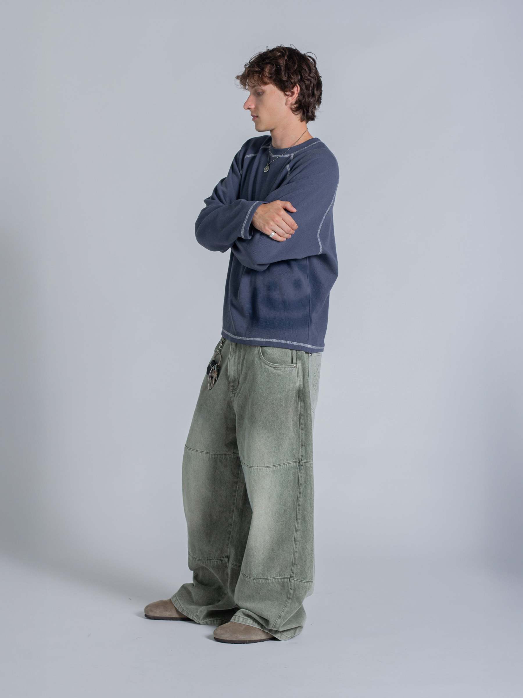 SMILEY WAFFLE LONG SLEEVE TEE - NAVY BLUE-Fineriform