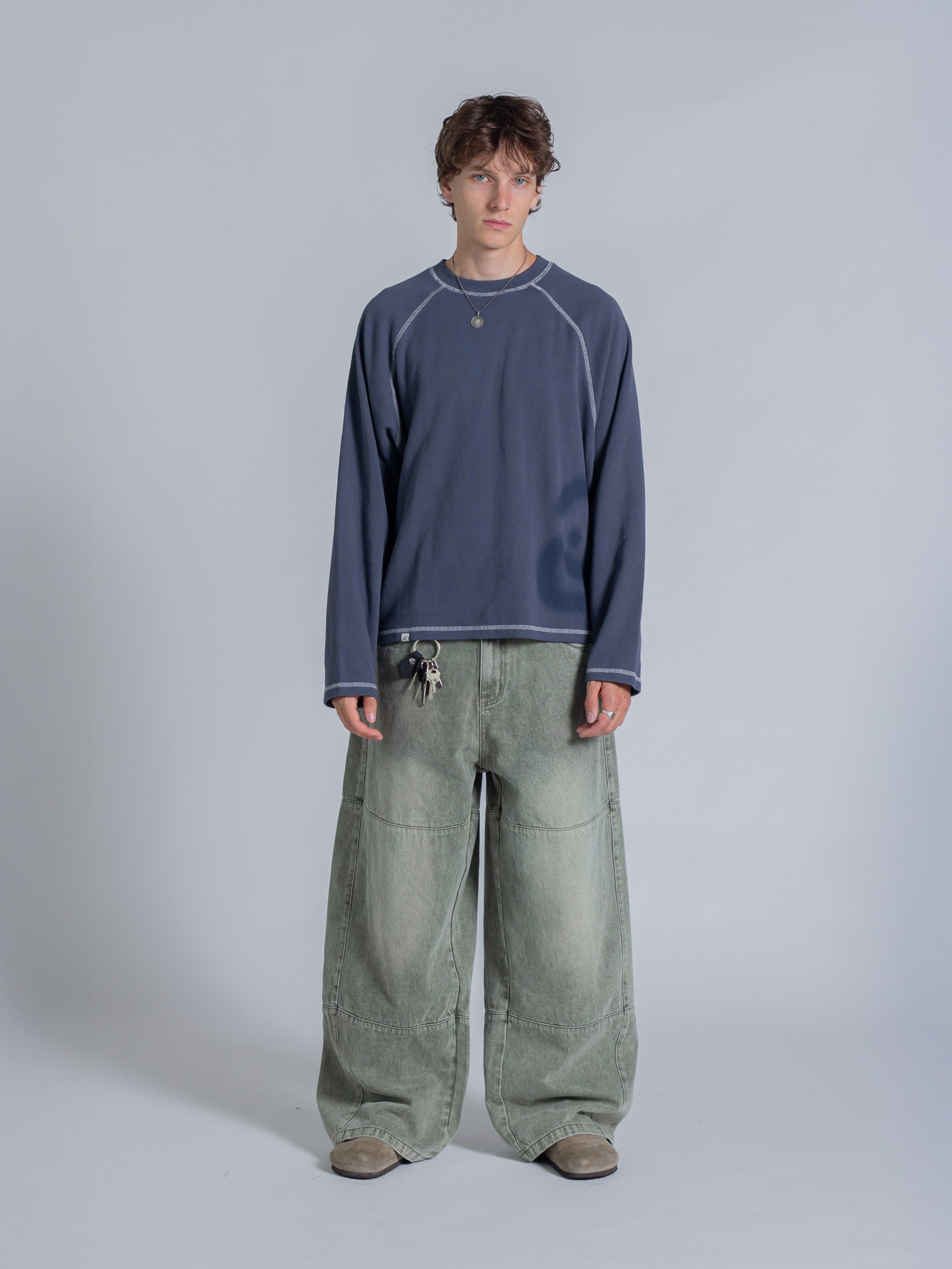 SMILEY WAFFLE LONG SLEEVE TEE - NAVY BLUE-Fineriform