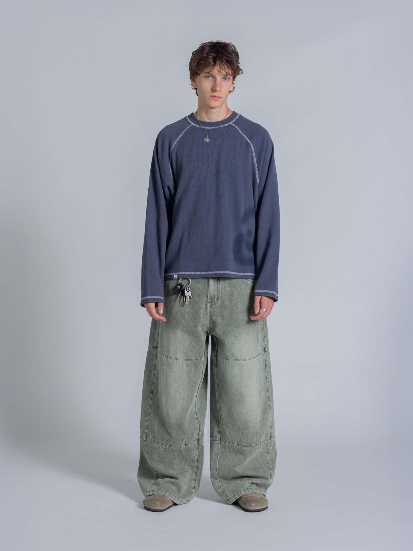 SMILEY WAFFLE LONG SLEEVE TEE - NAVY BLUE-Fineriform