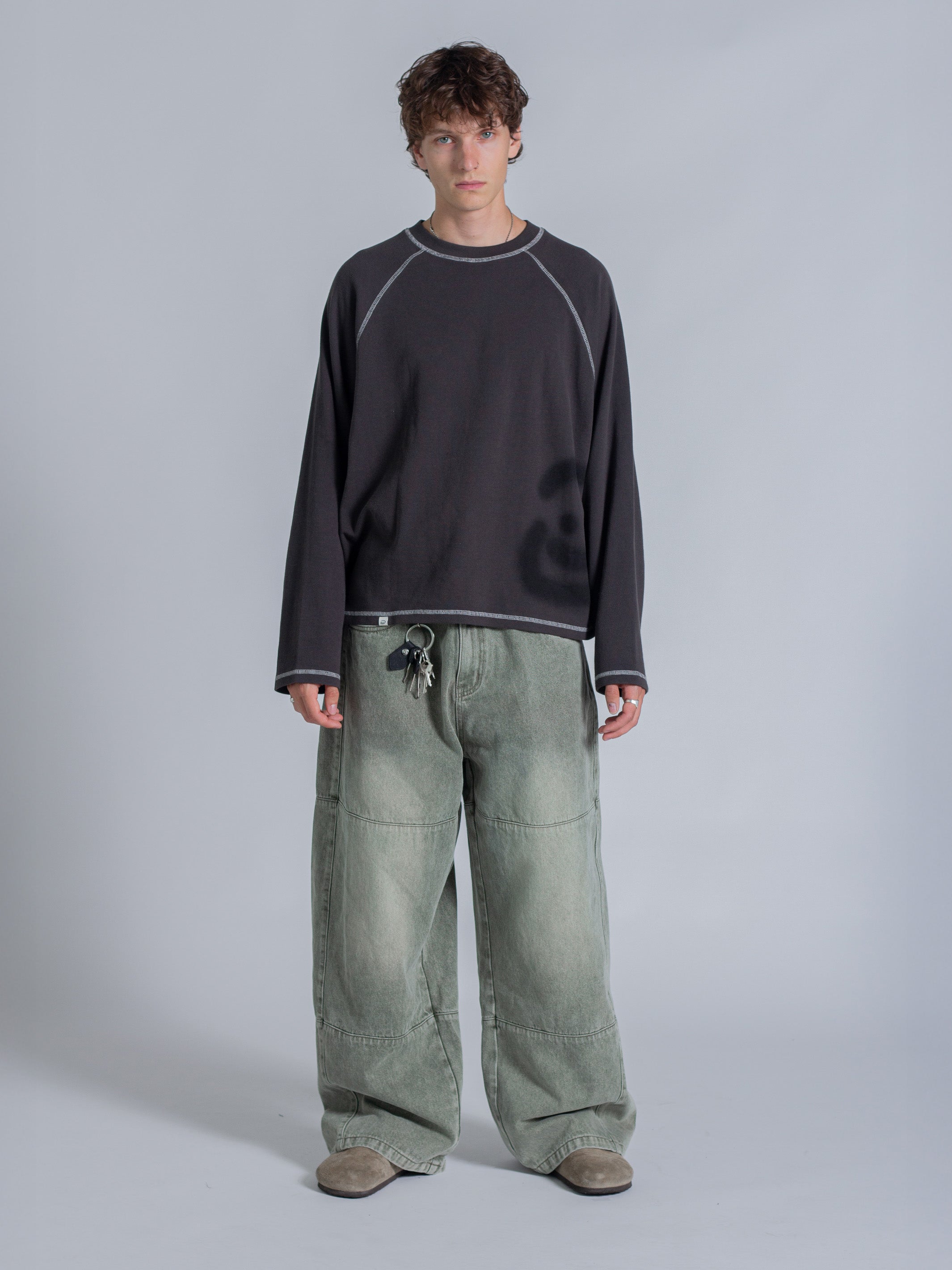 SMILEY WAFFLE LONG SLEEVE TEE - MIDNIGHT CHARCOAL-Fineriform